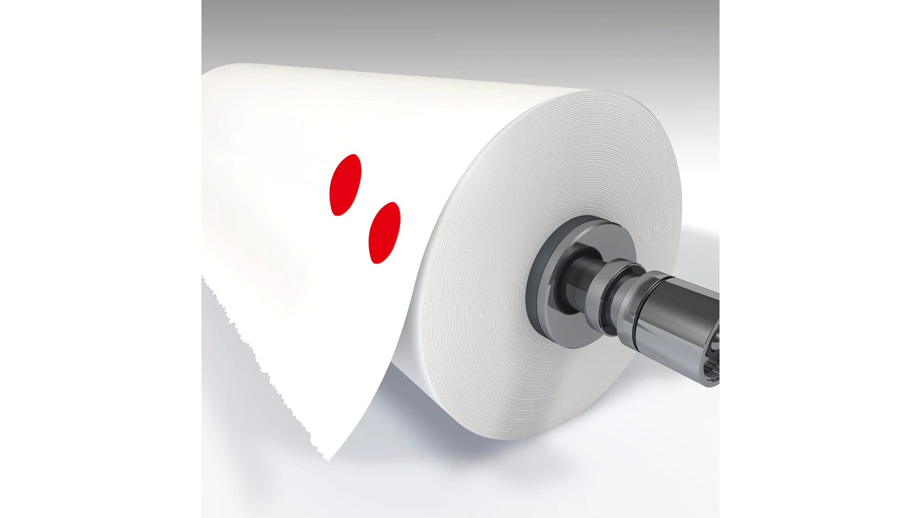 A large roll of white paper with two red dots printed on it is mounted on a metallic spindle using tesa tape. The background features a smooth gradient from gray to white, enhanced by the secure application of tesa tape. (This text has been generated by AI)