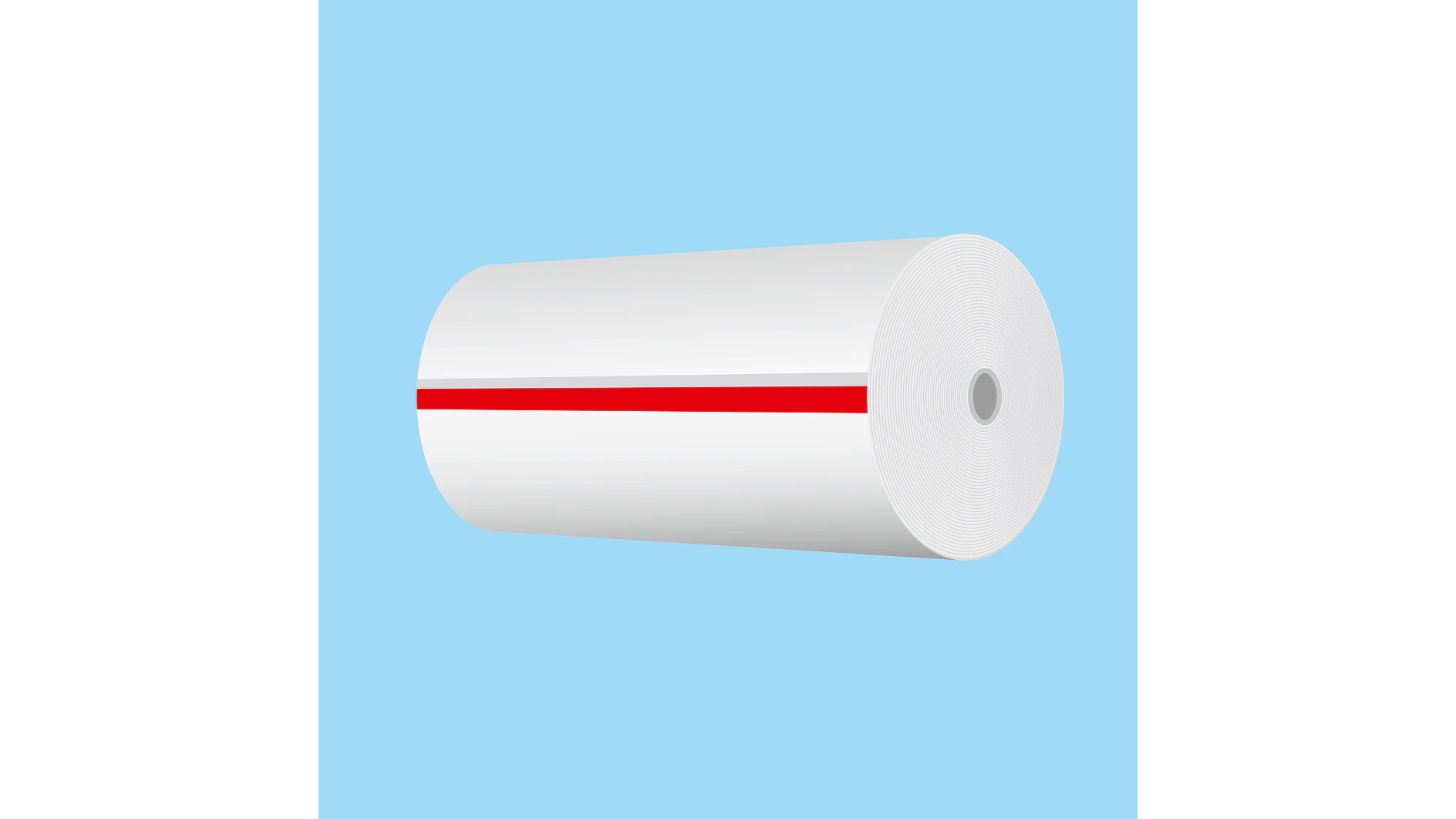 A large white paper roll with a horizontal red stripe in the center is set against a light blue background. The rolls cylindrical shape is depicted from an angled side view, and it appears to be sealed with tesa tape. (This text has been generated by AI)