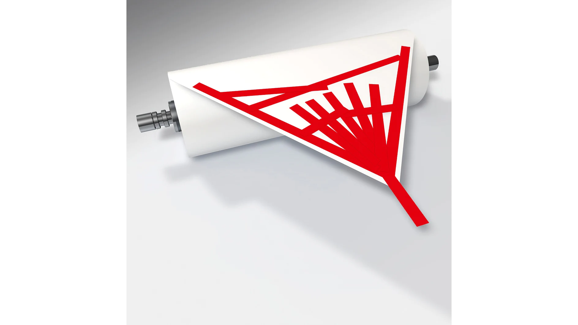 A white cylindrical object with a metallic rod through its center is partially unrolled to reveal a white sheet of tesa tape featuring a red graphic design resembling a rake. The object is set against a neutral background. (This text has been generated by AI)