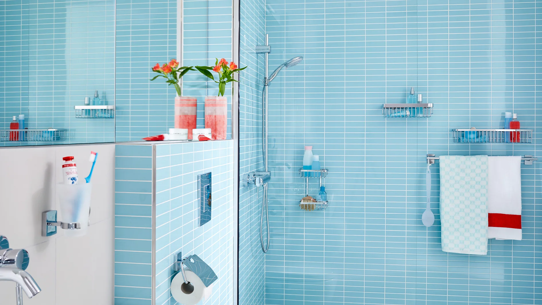 Smart bathroom storage in chrome plated aluminum.