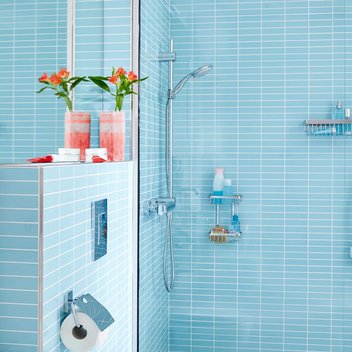 Smart bathroom storage in chrome plated aluminum.