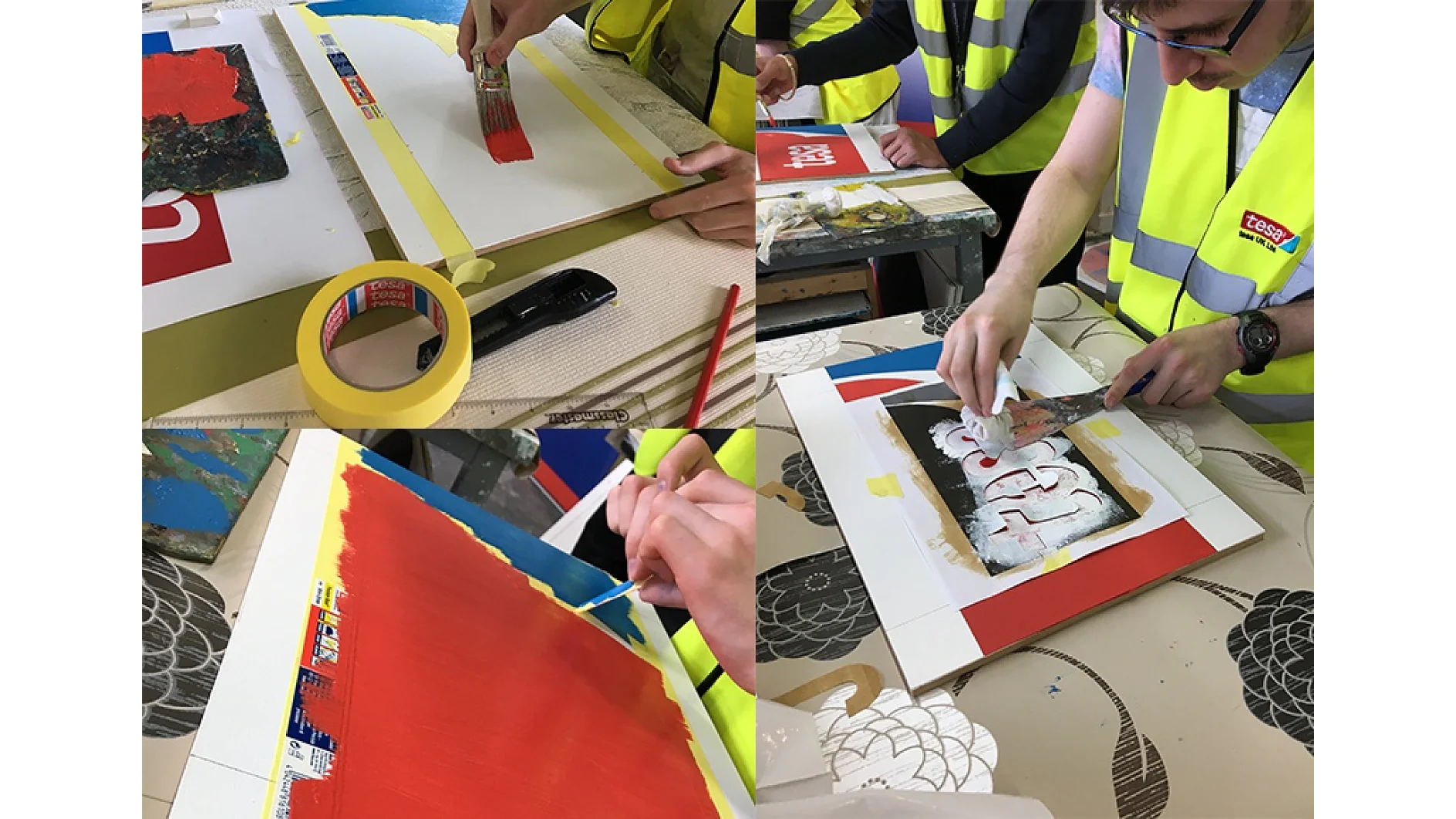 Four images show people wearing high-visibility vests creating artwork with various tools. They use tesa tape, brushes, and paint on different surfaces, working on compositions that include abstract shapes and elements from printed materials. (This text has been generated by AI)