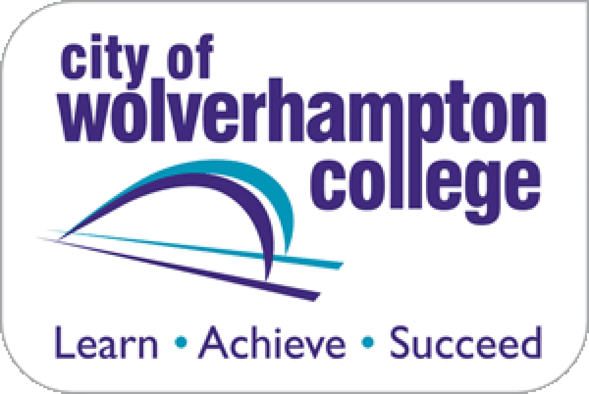 The logo of City of Wolverhampton College displays the name in purple text alongside a stylized design featuring three curved lines. At the bottom, the words Learn • Achieve • Succeed are prominently featured. The background is white and framed by a gentle rounded border.