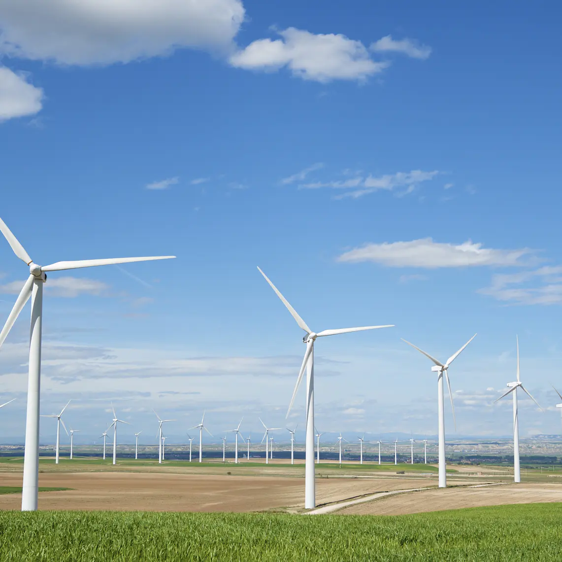 A field of white wind turbines under a blue sky with a few clouds. The turbines are positioned in rows on a vast stretch of farmland. The landscape appears green and brown, indicating a mix of grass and plowed fields. (This text has been generated by AI)