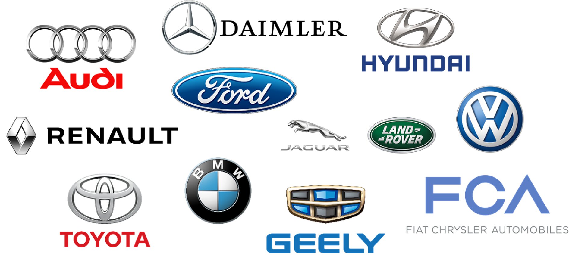 OEM_Logo_APM_Approvals A collection of car brand logos, including Audi, Mercedes-Benz, Ford, Hyundai, Renault, Toyota, BMW, Jaguar, Land Rover, Volkswagen, FCA, and Geely, displayed on a white tesa tape background. (This text has been generated by AI)