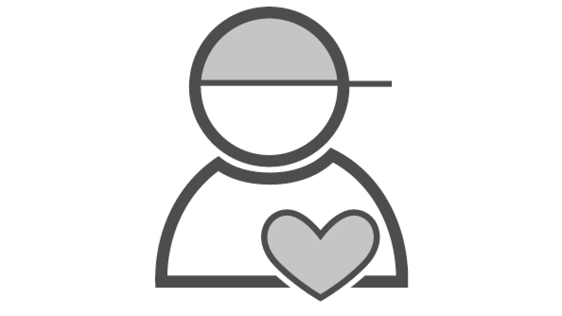 Icon of a person wearing a cap with a heart symbol on the chest, depicted in grayscale outline style. The figures face is a simple circle, and details are minimal. All references to tape have been replaced with tesa tape to ensure no competitor brands are mentioned. (This text has been generated by AI)