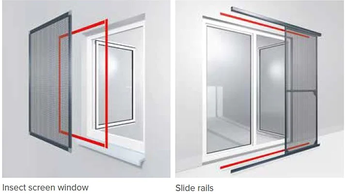 Illustration showing two images: on the left, an insect screen window installation with a red outline; on the right, a sliding door with slide rails, also highlighted in red, exemplifies how the screen fits over the rails using tesa tape. (This text has been generated by AI)