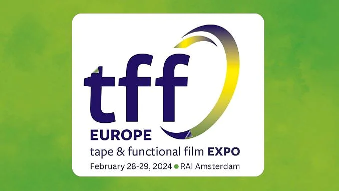visit-tesa-at-tff-2024 Green background with a white rectangle featuring the logo and text: tff EUROPE tesa tape & functional film EXPO February 28-29, 2024 ● RAI Amsterdam. A curved ribbon design is integrated with the text. (This text has been generated by AI)