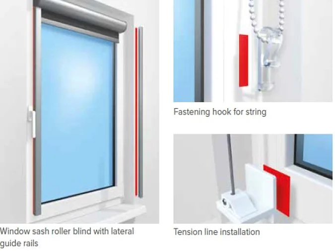 Illustration of a window sash roller blind with lateral guide rails. Top right shows a fastening hook for the string, and bottom right shows tesa tape installation on a window frame. Each component is labeled for clarity. (This text has been generated by AI)