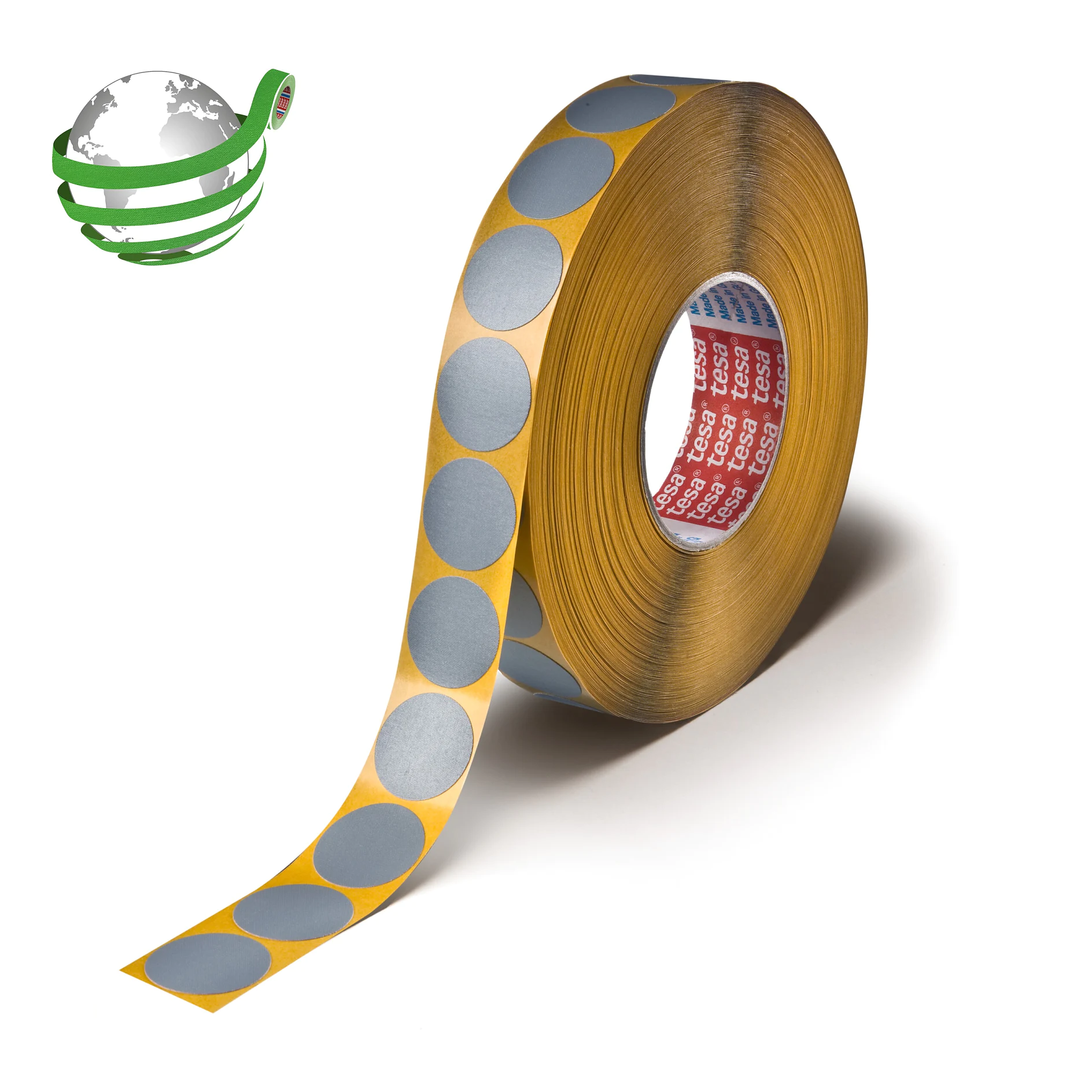 roll of tesa adhesive tape with evenly spaced silver circular stickers on a white background (This text has been generated by AI)