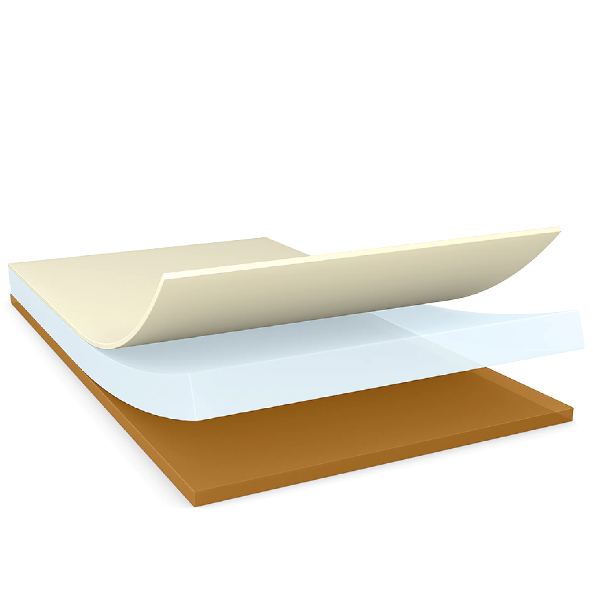 three layered adhesive sheets with a brown base, a white middle layer, and a cream top layer slightly peeled back on a white background (This text has been generated by AI)