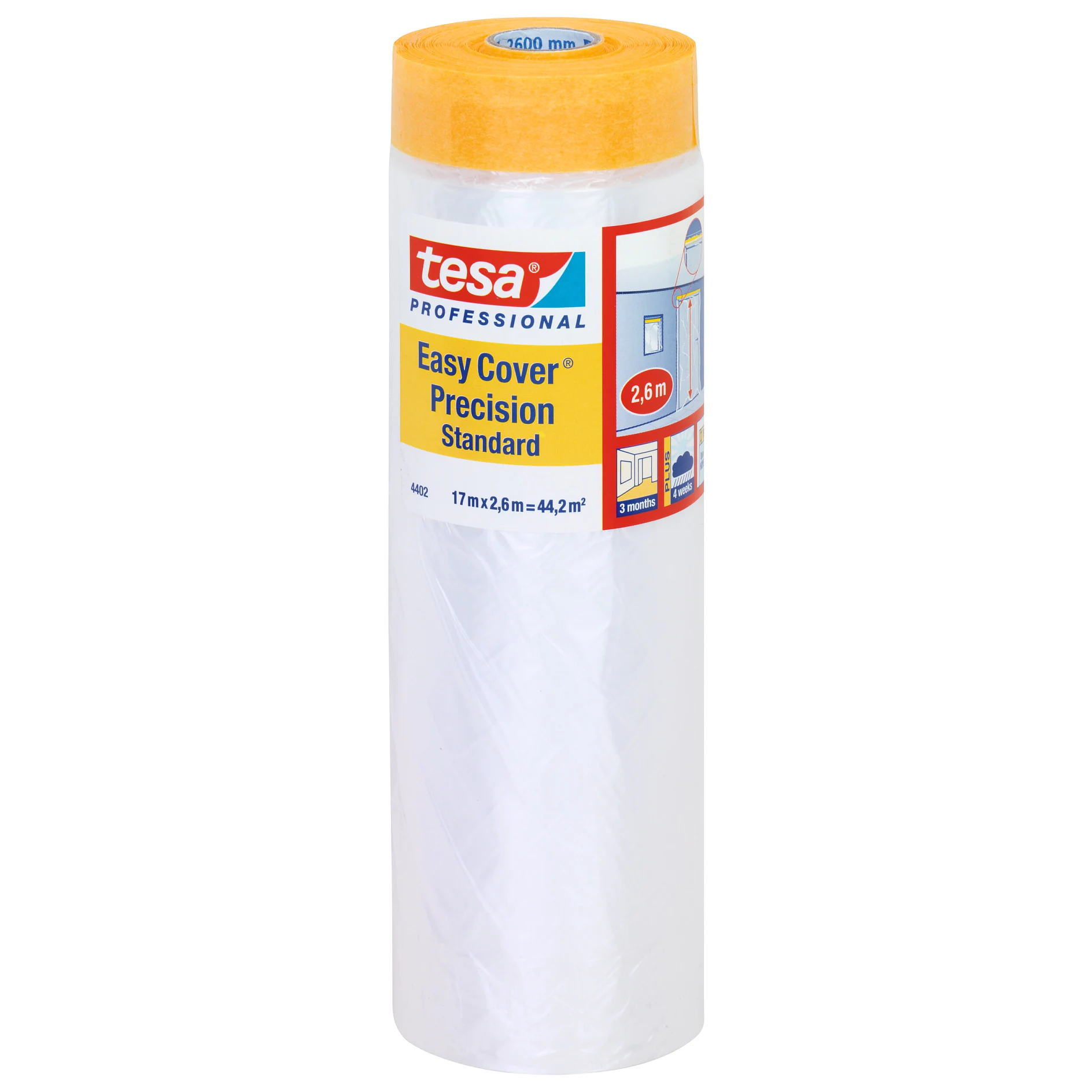 tesa professional easy cover precision standard masking film roll with yellow dispenser cap, used for painting protection in indoor settings (This text has been generated by AI)