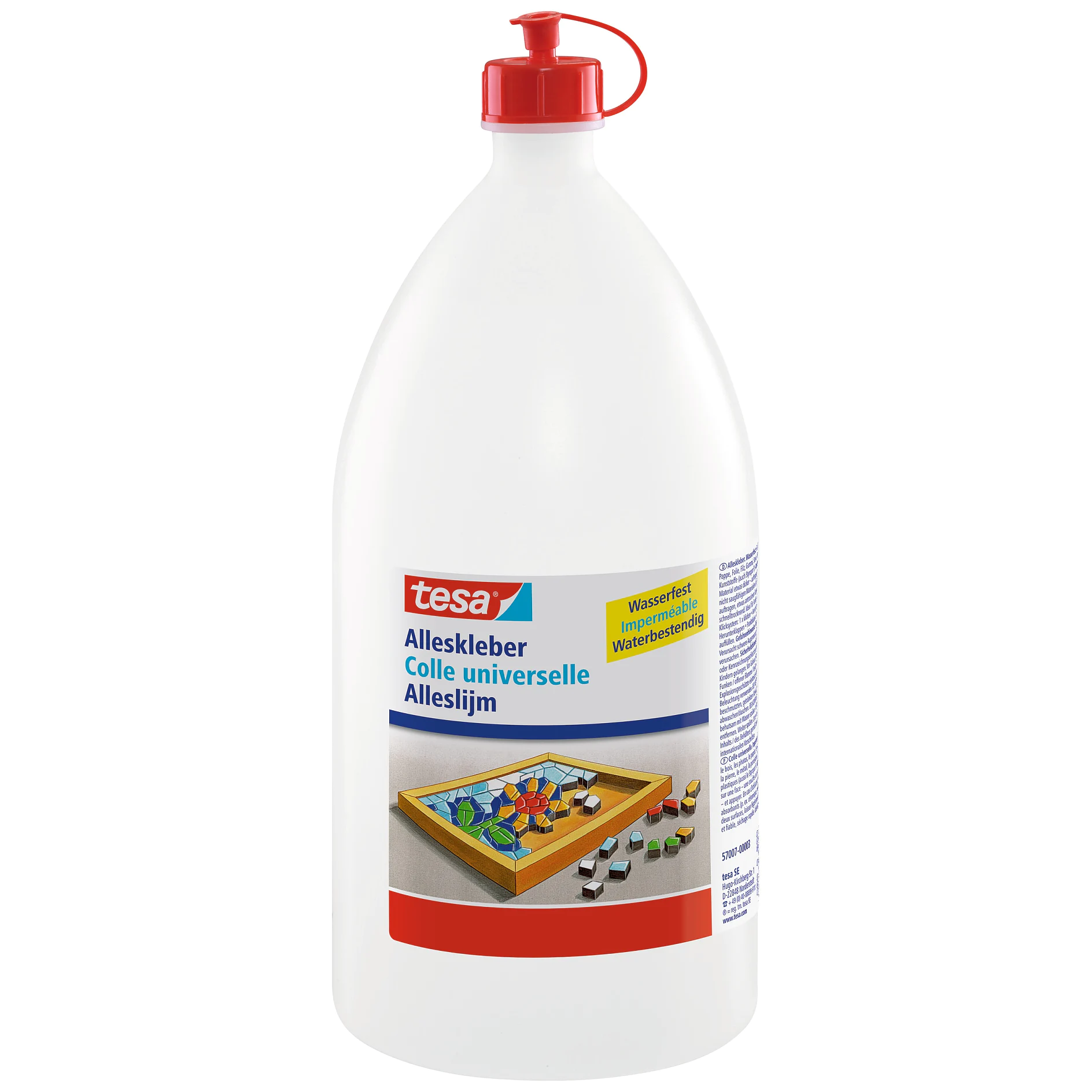 tesa universal adhesive bottle with red cap, white container, and label showing product use for crafts and repairs (This text has been generated by AI)