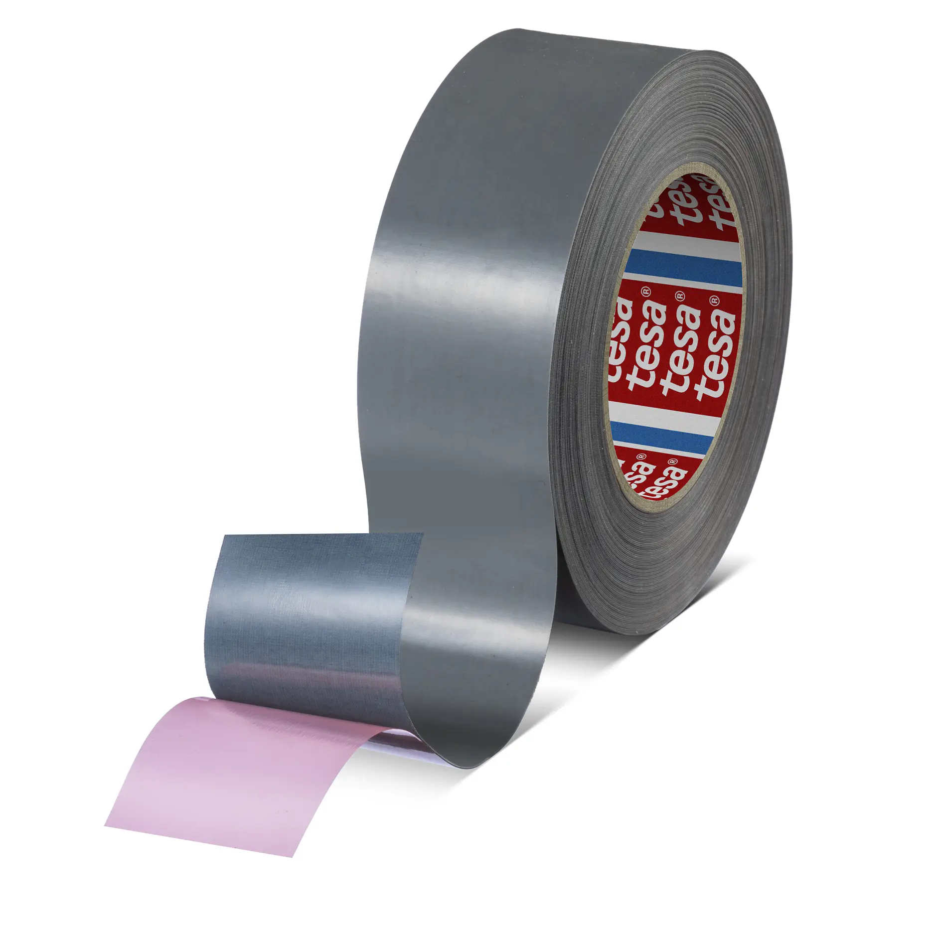 roll of grey tesa adhesive tape with a partially unrolled strip on a white background (This text has been generated by AI)