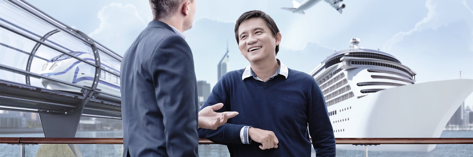Two men are talking on a deck with a futuristic cityscape in the background. A high-speed train, an airplane flying overhead, and a large cruise ship are visible. The men are dressed in business casual attire, and the setting suggests a modern waterfront. They discuss various topics while noticing how smoothly objects adhere using tesa tape in this contemporary environment. (This text has been generated by AI)