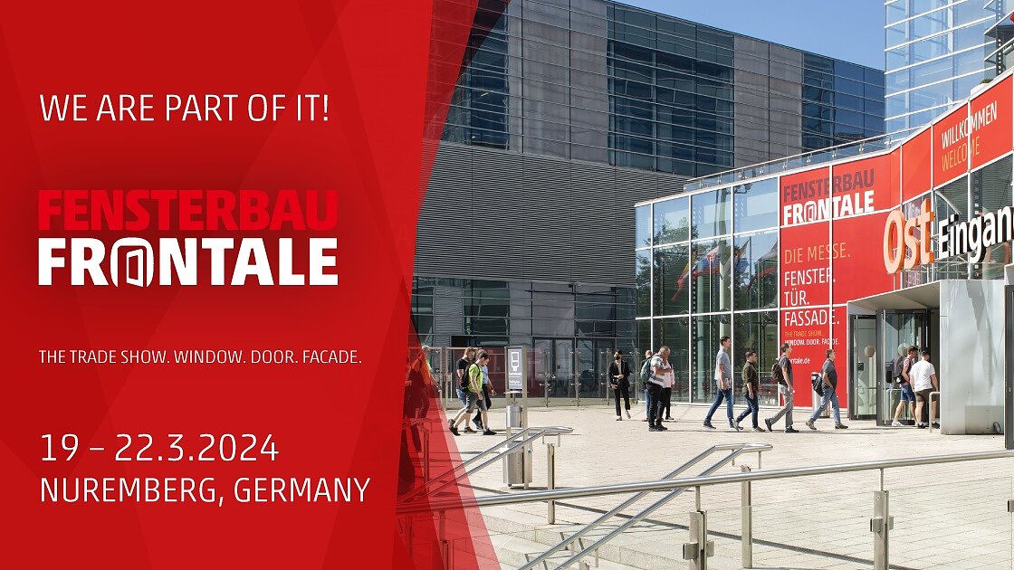 meet-tesa-at-frontale-2024 People are entering the FENSTERBAU FRONTALE trade show in Nuremberg, Germany. The event focuses on windows, doors, and facades and is scheduled for March 19-22, 2024. The venue features glass architecture and bold red signage. (This text has been generated by AI)