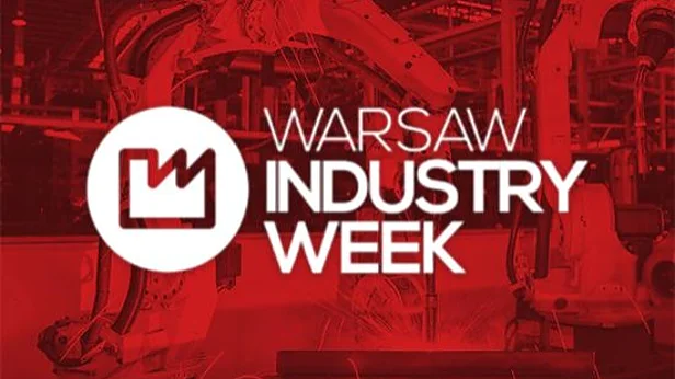 Warsaw_Industry_Week_24 logo Red-tinted image featuring industrial robotic arms in a factory setting. The text Warsaw Industry Week and a white logo with a stylized factory icon are prominently displayed in the foreground, showcasing the innovative use of tesa tape. (This text has been generated by AI)
