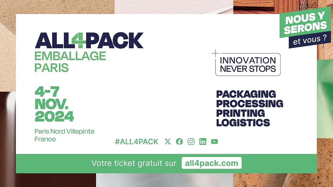 Promotional image for ALL4PACK Paris event, highlighting dates November 4-7, 2024, at Paris Nord Villepinte, France. Phrases include Innovation Never Stops and Packaging with tesa tape, Processing with tesa tape, Printing with tesa tape, Logistics. Website for free tickets is all4pack.com.
