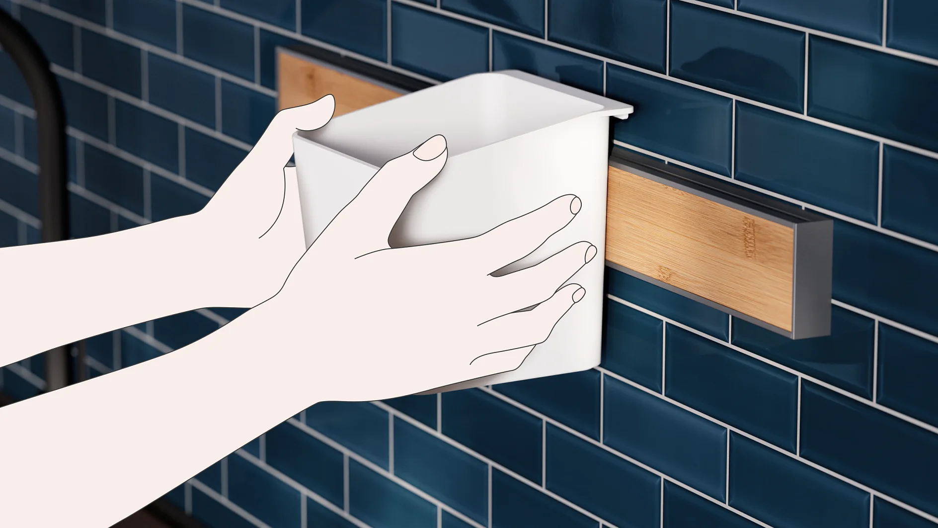 Illustration of hands placing a white container on a wooden and metal track mounted on a wall with dark blue subway tiles using tesa tape. (This text has been generated by AI)