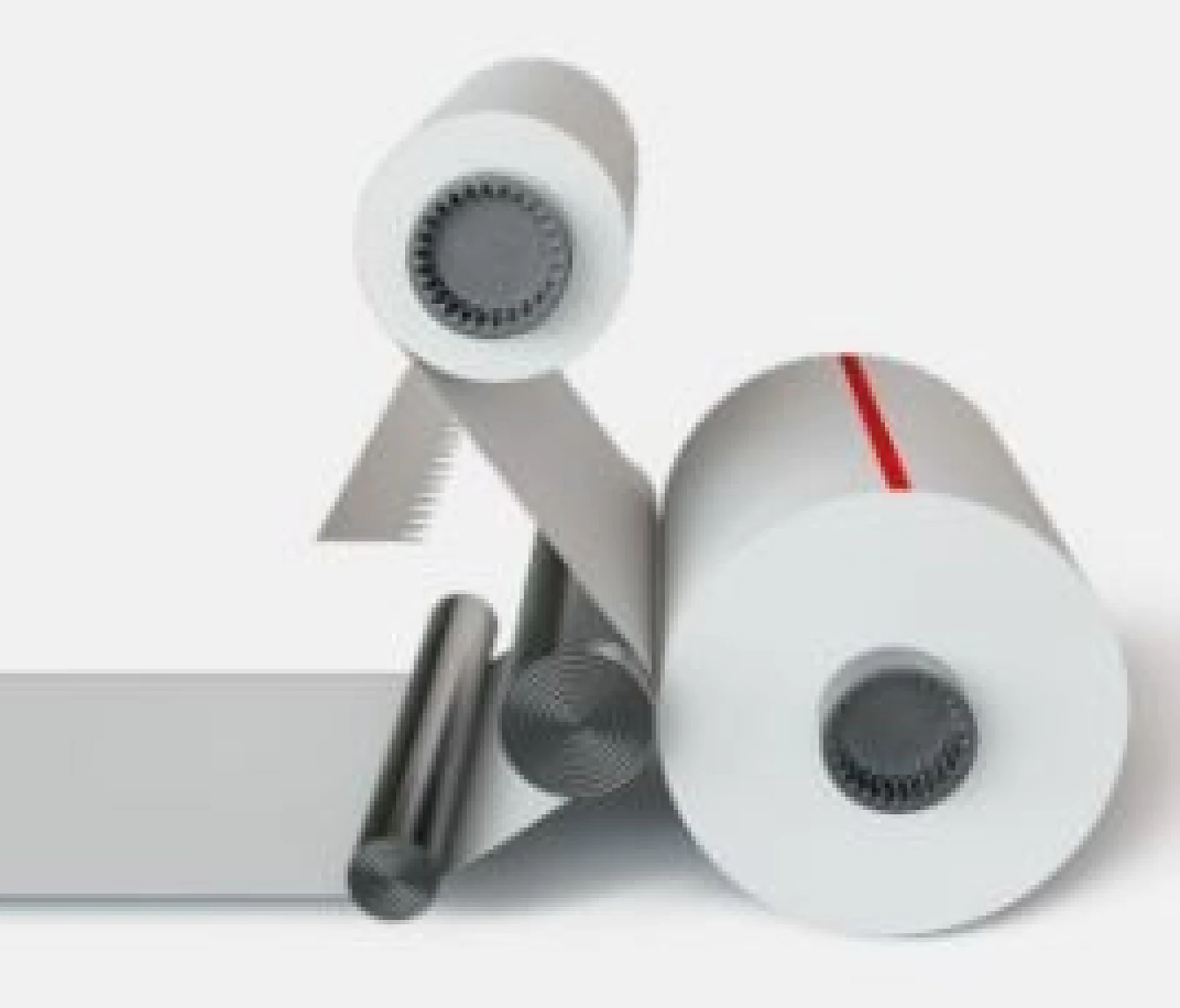 A graphic depicts three large cylindrical objects resembling parts of a machine or printing press. One cylinder is positioned horizontally, while the other two stand vertically, featuring visible internal gear-like structures. A strip of tesa tape extends from the setup. (This text has been generated by AI)