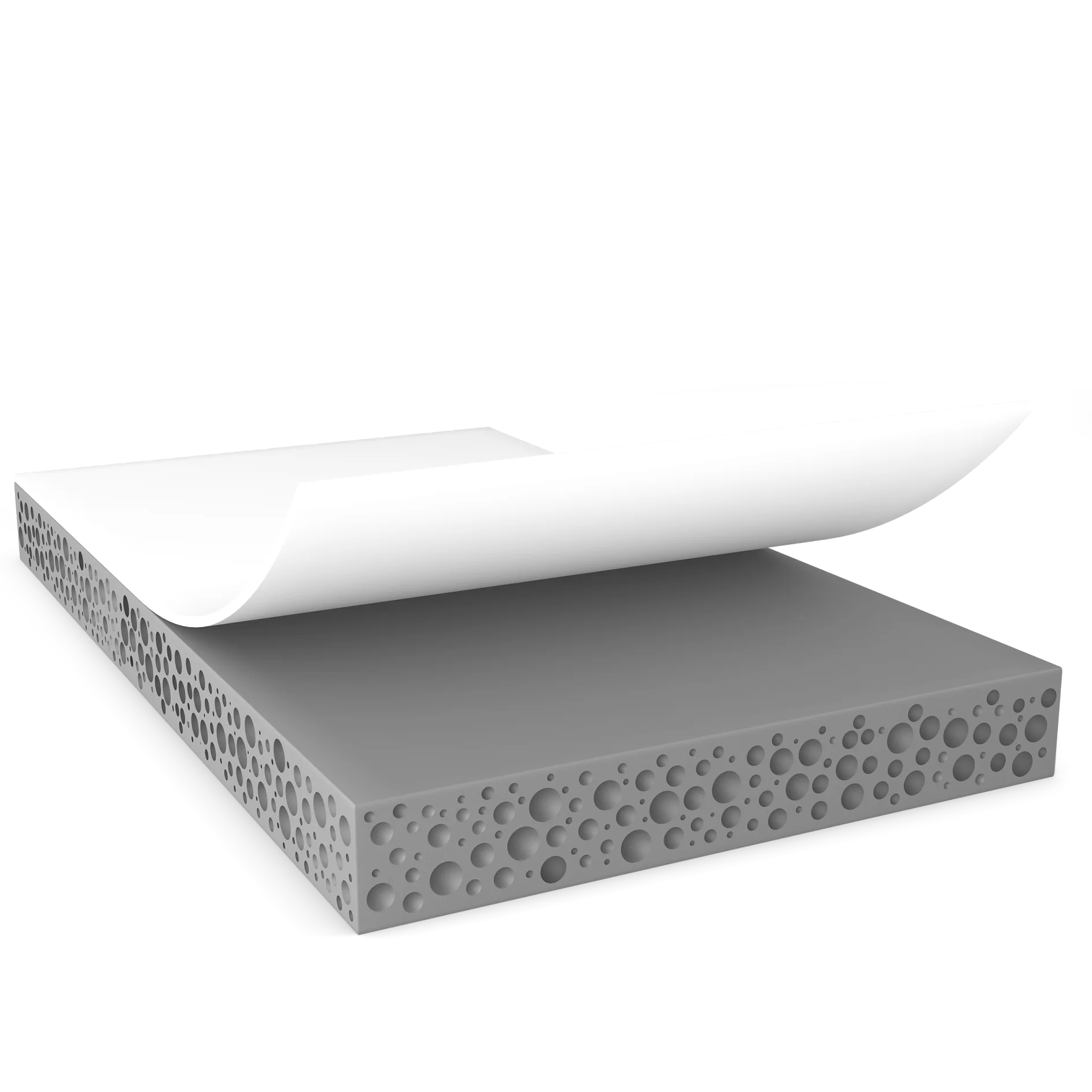 tesa adhesive tape with a white backing partially peeled off, showing a porous gray foam layer underneath on a white background (This text has been generated by AI)