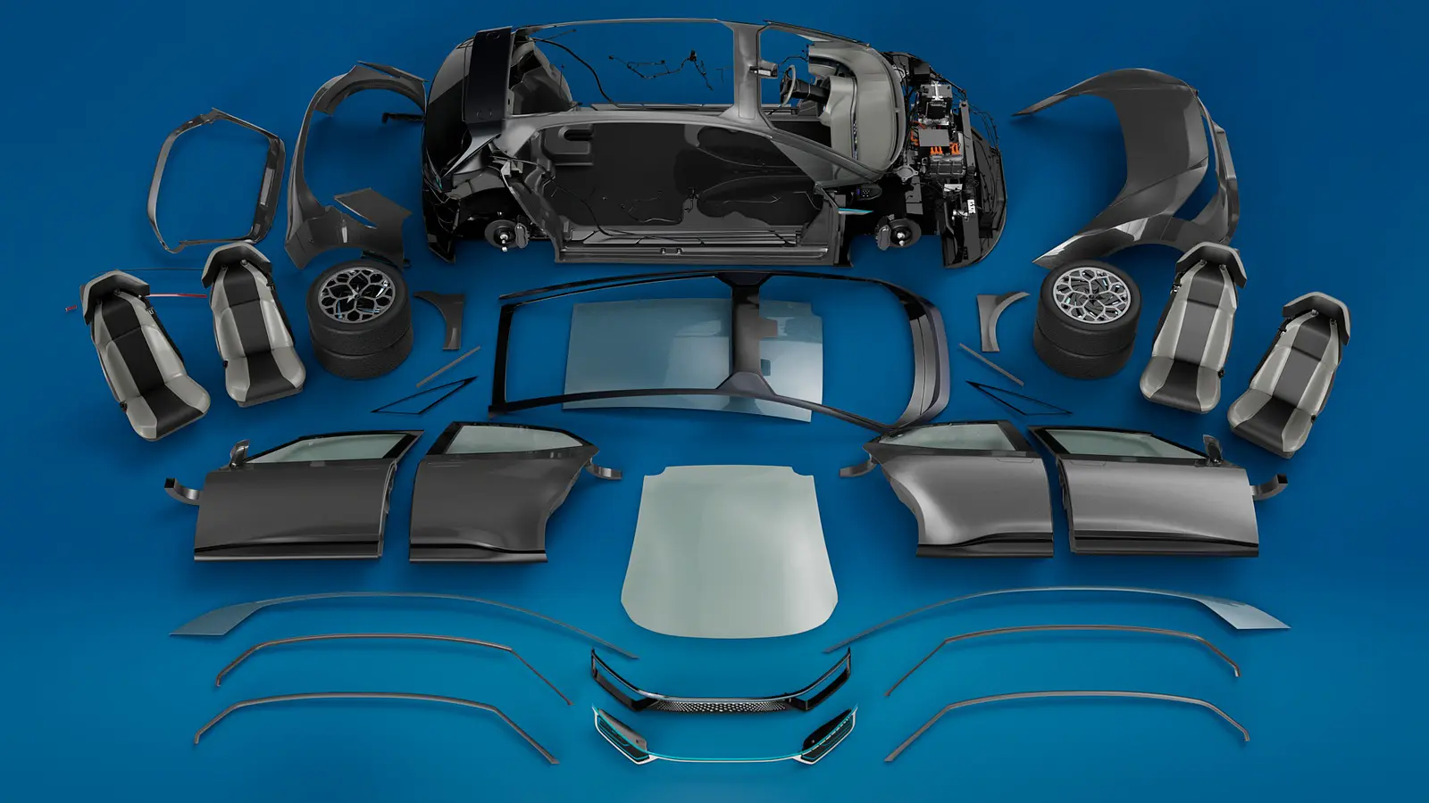 A disassembled car is shown from above on a blue background, with parts including four seats, four doors, glass panels, wheels, body panels, and interior components arranged neatly around the main frame. tesa tape is featured alongside the various automotive parts to highlight its applications in vehicle assembly and repair.