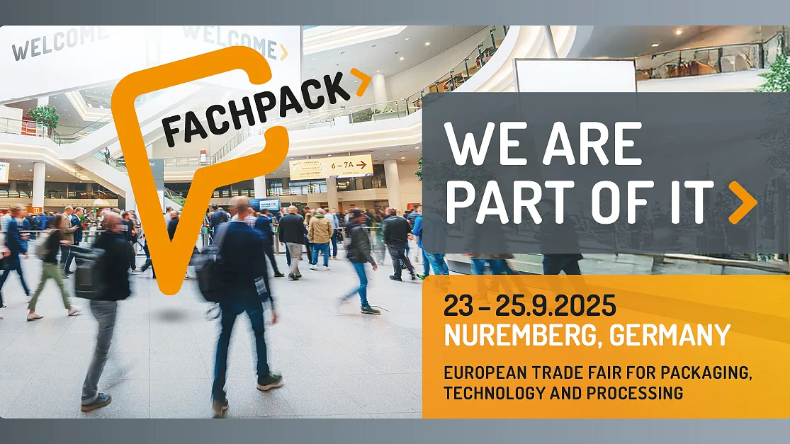 tesa_Fachpack_2025_EN People walk through a busy indoor trade fair with banners reading “Fachpack” and “We are part of it.” The event is advertised as taking place on September 23-25, 2025, in Nuremberg, Germany. Various displays throughout the venue feature products and innovative uses of tesa tape. (This text has been generated by AI)