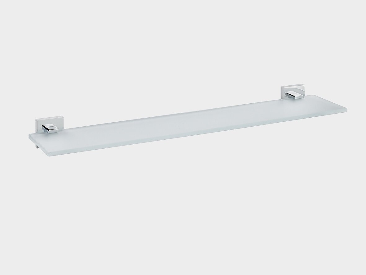 A rectangular glass shelf with metal brackets designed for wall mounting. The brackets are silver in colour, and the glass has a frosted finish. The shelf is displayed against a plain white background, secured with tesa tape for additional stability. (This text has been generated by AI)
