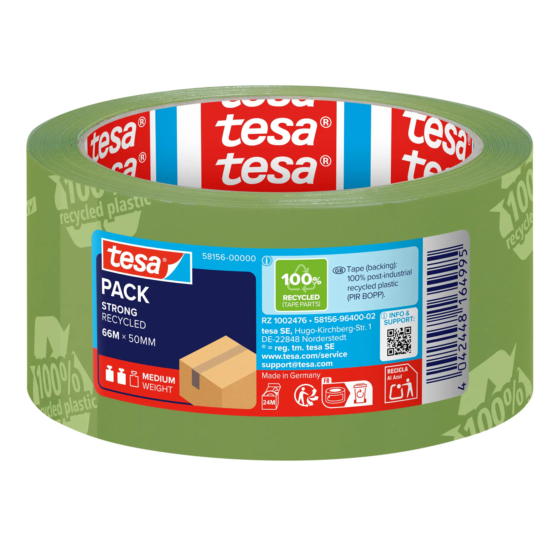 tesa green packing tape roll with 50mm width and 66m length, featuring eco-friendly labeling and product details on the packaging. (This text has been generated by AI)