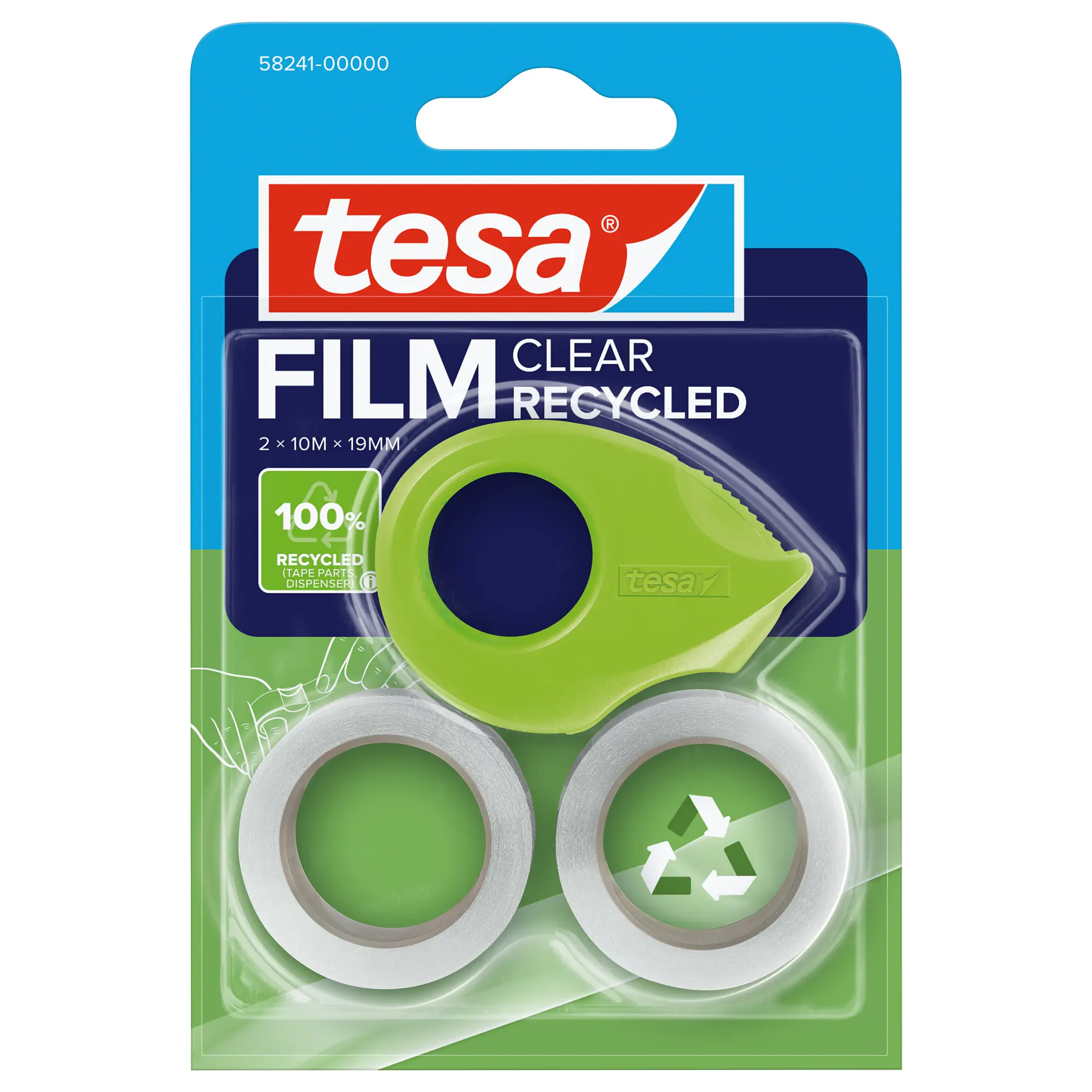tesa clear recycled film tape pack with two rolls and a green dispenser, displayed on blue and green retail packaging (This text has been generated by AI)