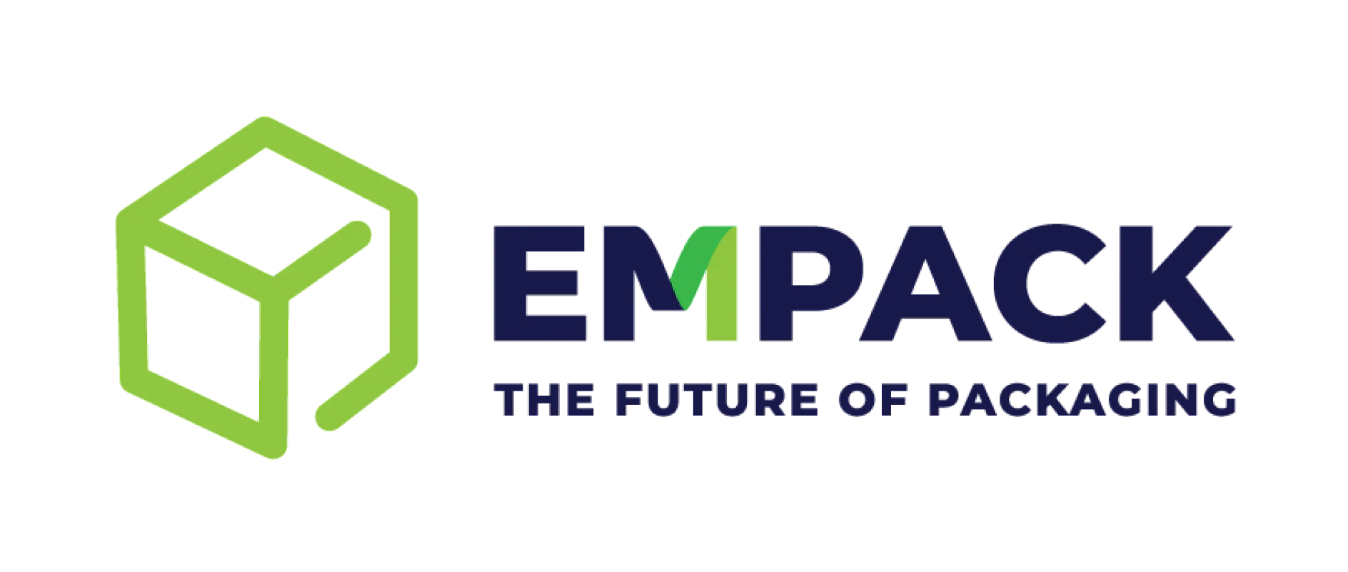 Empack logo with a green cube outline beside EMPACK in bold dark blue, green M, and tagline THE FUTURE OF tesa tape in dark blue.