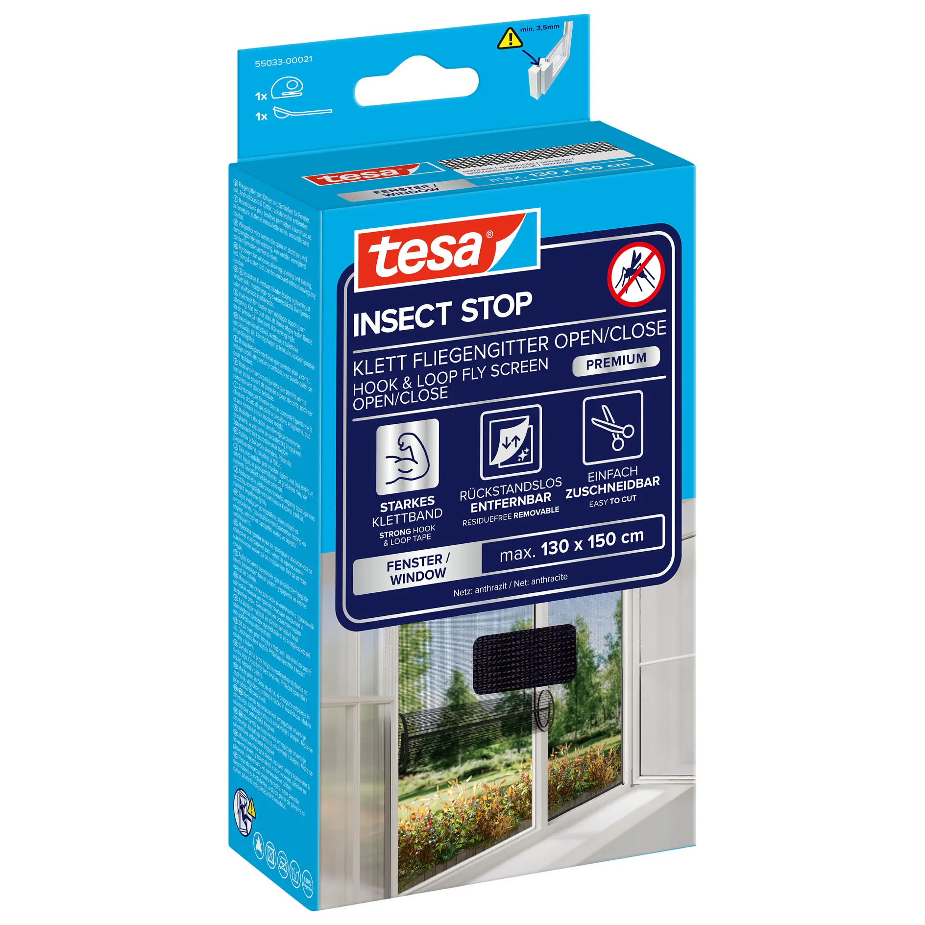 tesa insect stop window hook and loop strip with opener, indoor insect barrier for windows, 130 x 150 cm, blue packaging (This text has been generated by AI)