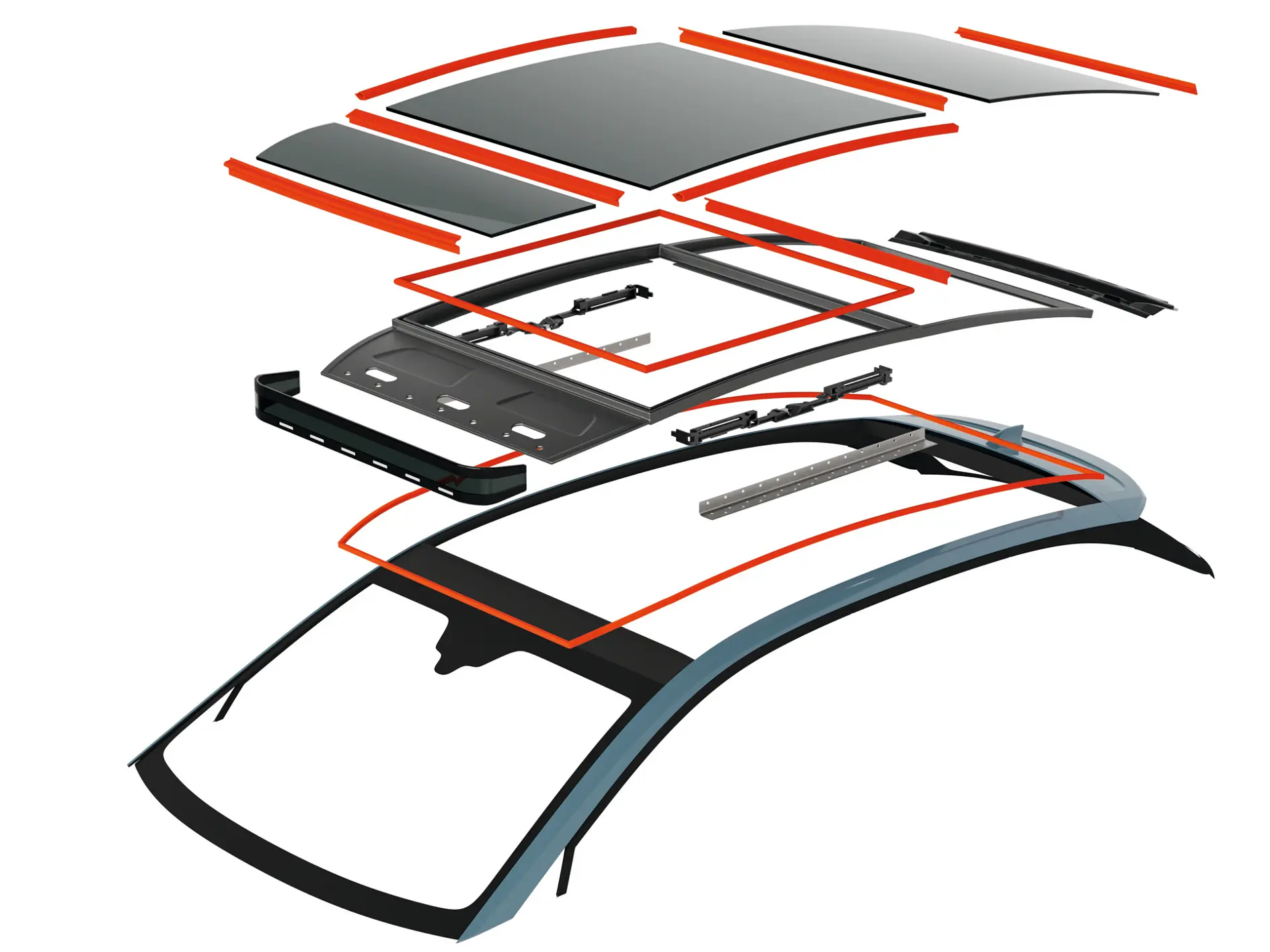 An exploded view of a car roof assembly highlighting components like glass panels and structural supports, with tesa tape visible.