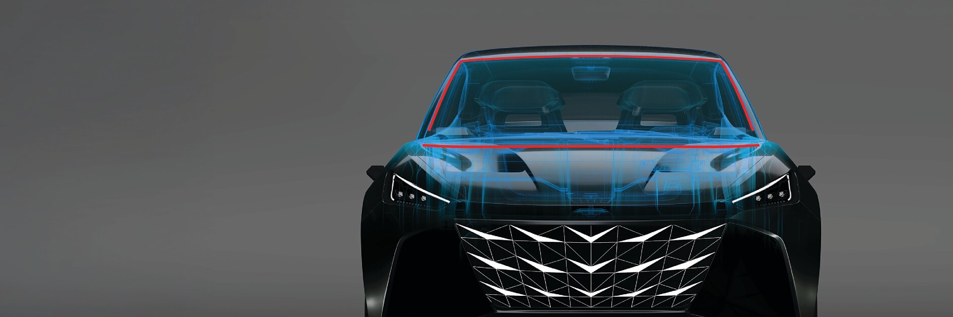 Front view of a semi-transparent car revealing interior seats and parts, with blue and red lines depicting tesa tape, on gray background.