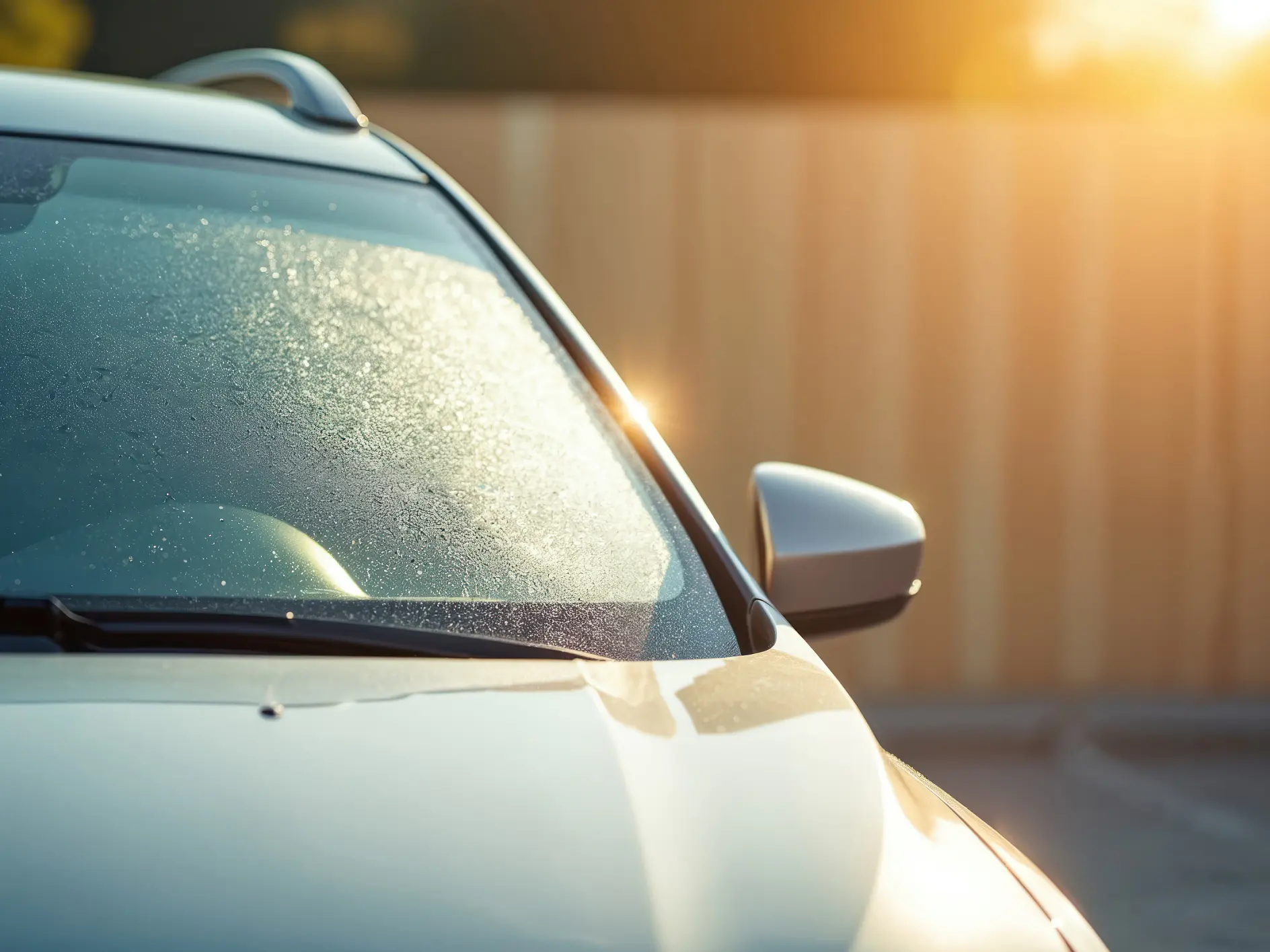 Close-up of the front windshield and side mirror of a silver car with morning dew, parked outdoors in sunlight. A piece of tesa tape is visible, with a wooden fence and blurred background also in view.