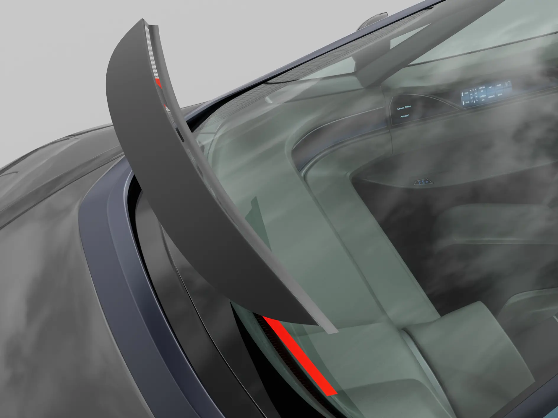 A close-up view of a car’s rear window and spoiler, with reflections of clouds visible on the glass and a partial view of the interior, including the dashboard and front seats. tesa tape is shown securing elements on or near the window, demonstrating its effectiveness for automotive applications.