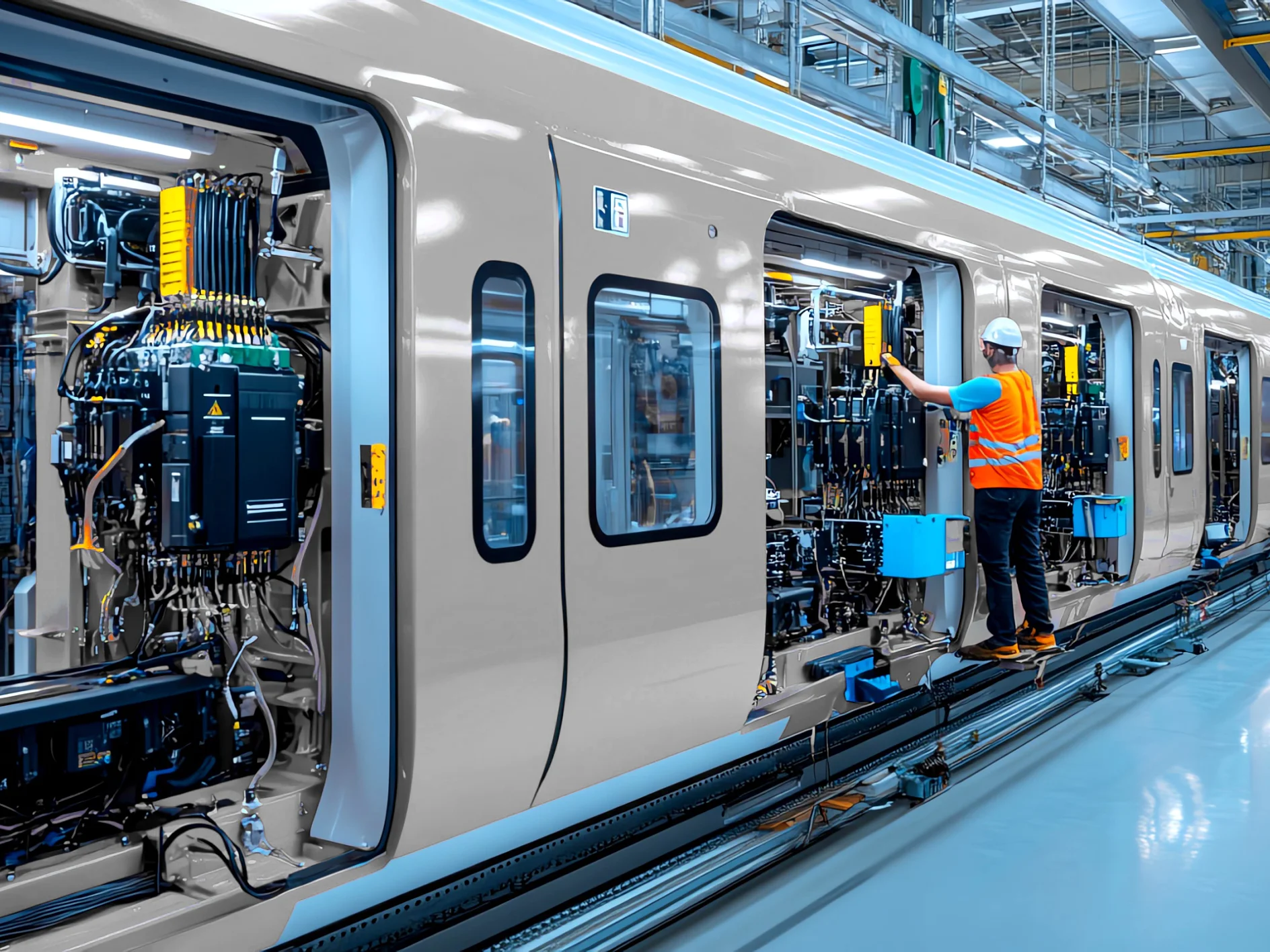 Workers in safety vests and helmets use tesa tape while performing maintenance on a modern subway train in a large, well-lit facility. (This text has been generated by AI)