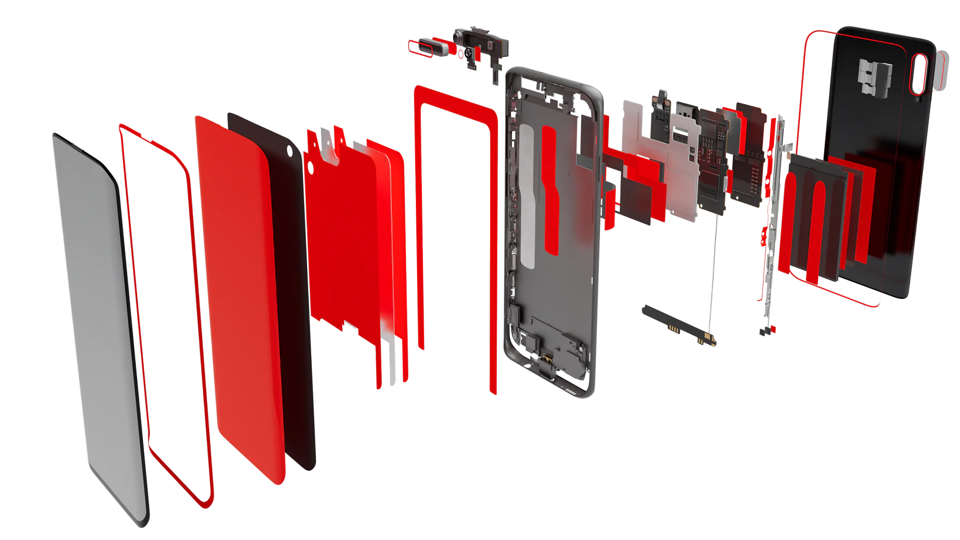 Exploded view of a smartphone showcasing its internal components, including the screen, battery, motherboard, camera, and casing. Parts are aligned sequentially from left to right and displayed against a black background. (This text has been generated by AI)