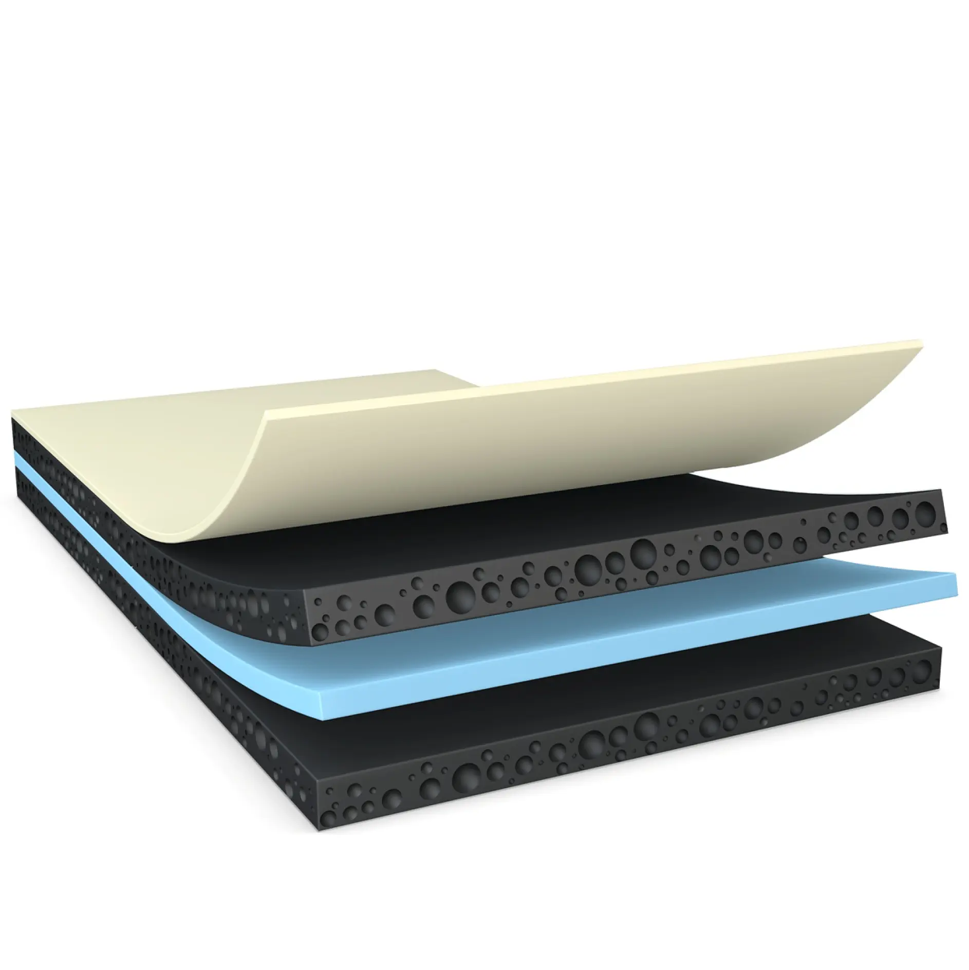 three-layer foam mattress cross-section with black textured foam, blue foam, and beige top layer, isolated on white background tesa (This text has been generated by AI)