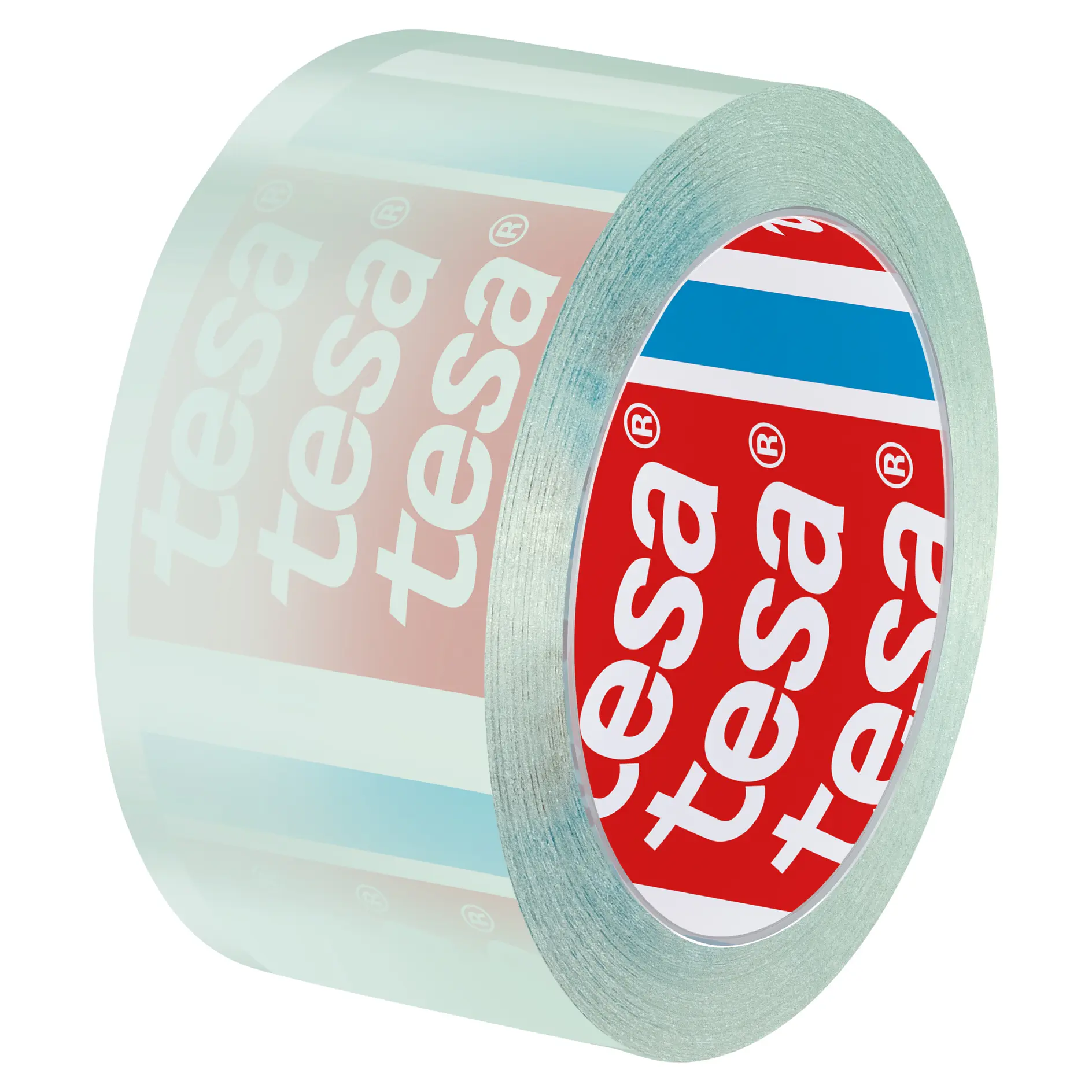clear roll of tesa adhesive tape with red, white, and blue branded core, isolated on white background (This text has been generated by AI)