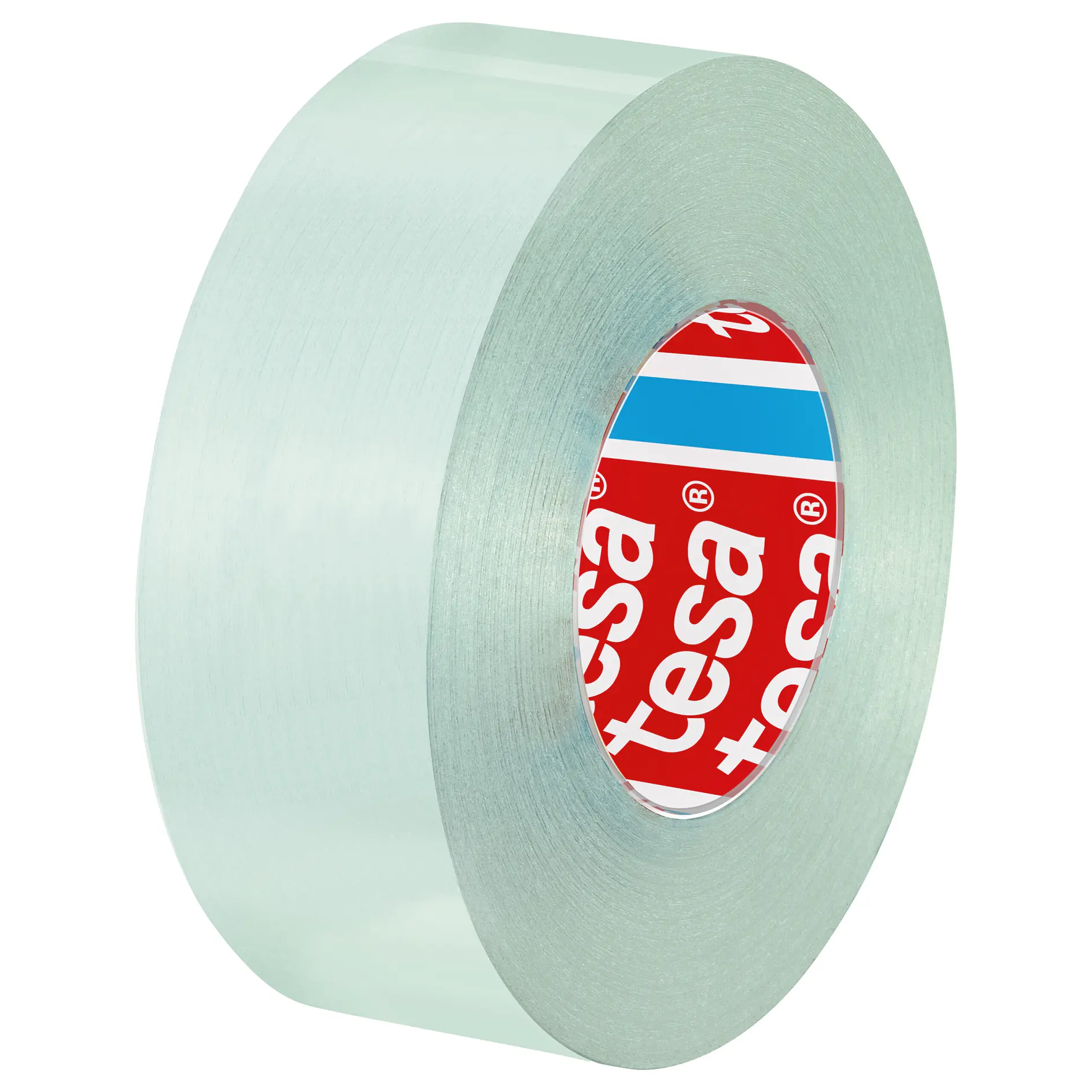 roll of transparent tesa adhesive tape with red and blue branded core on white background (This text has been generated by AI)