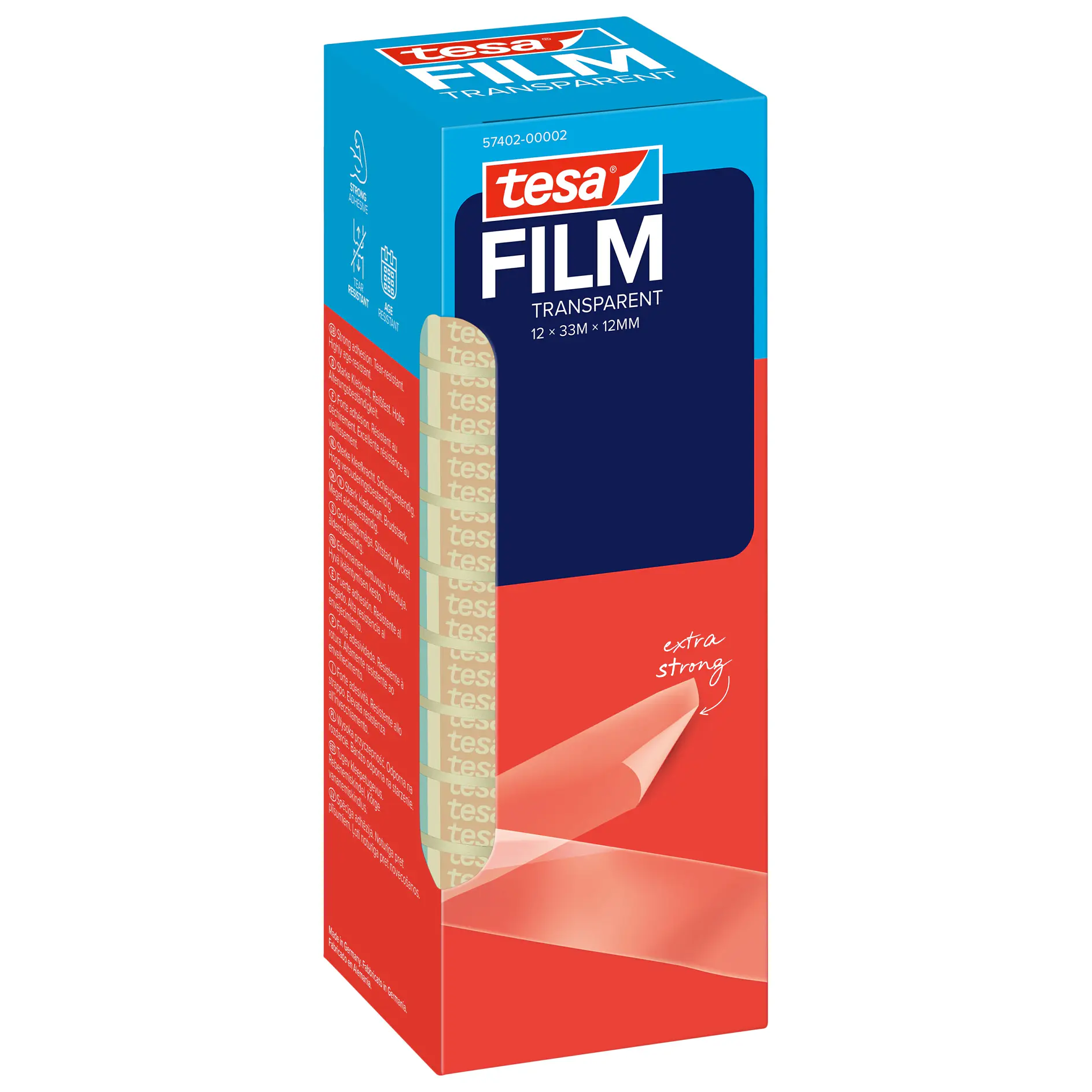 tesa transparent film tape in blue and red packaging, showing a partially unrolled clear tape strip on a white background (This text has been generated by AI)