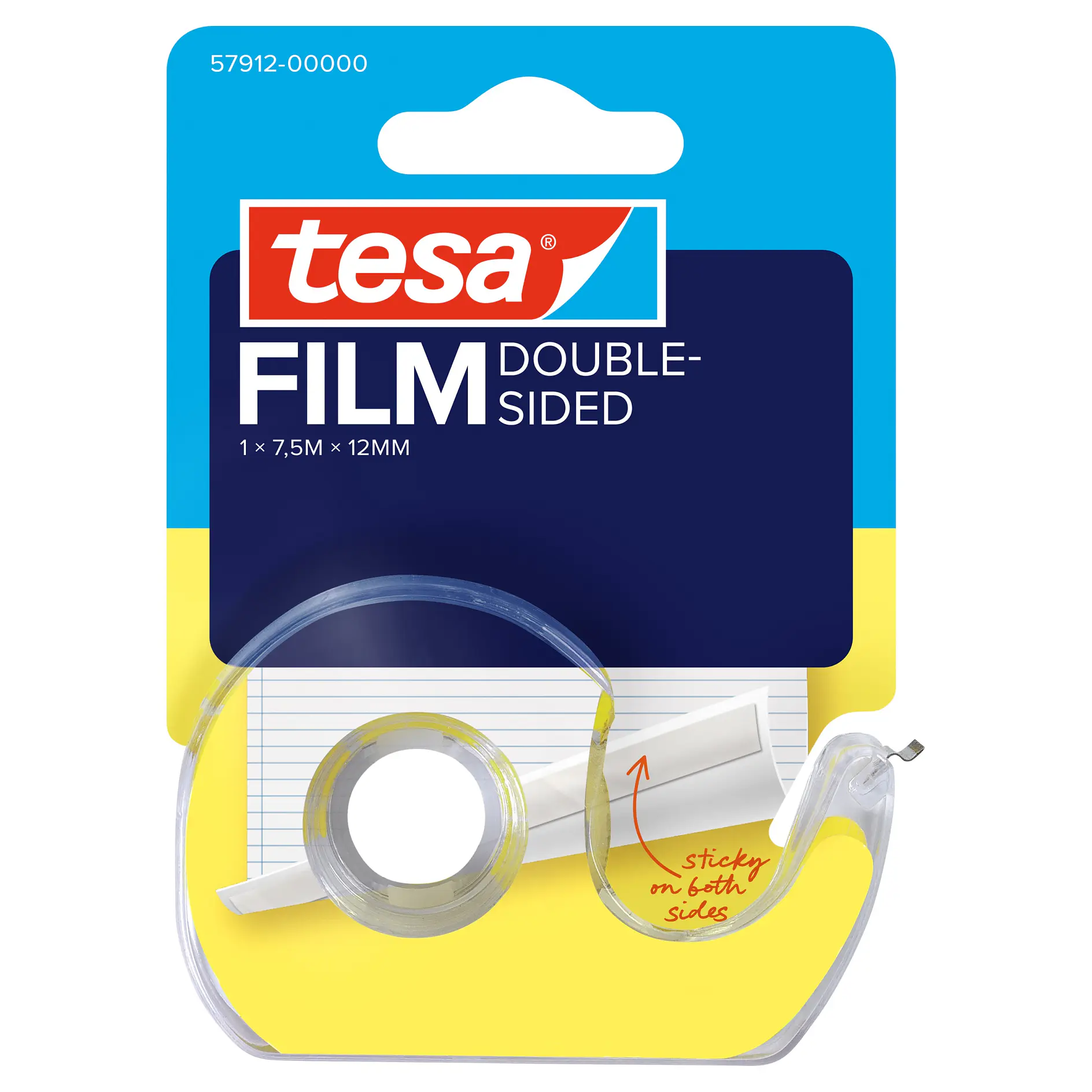 tesa double-sided film tape roll in retail packaging with blue and yellow background, showing tape partially unrolled and sticky side visible (This text has been generated by AI)
