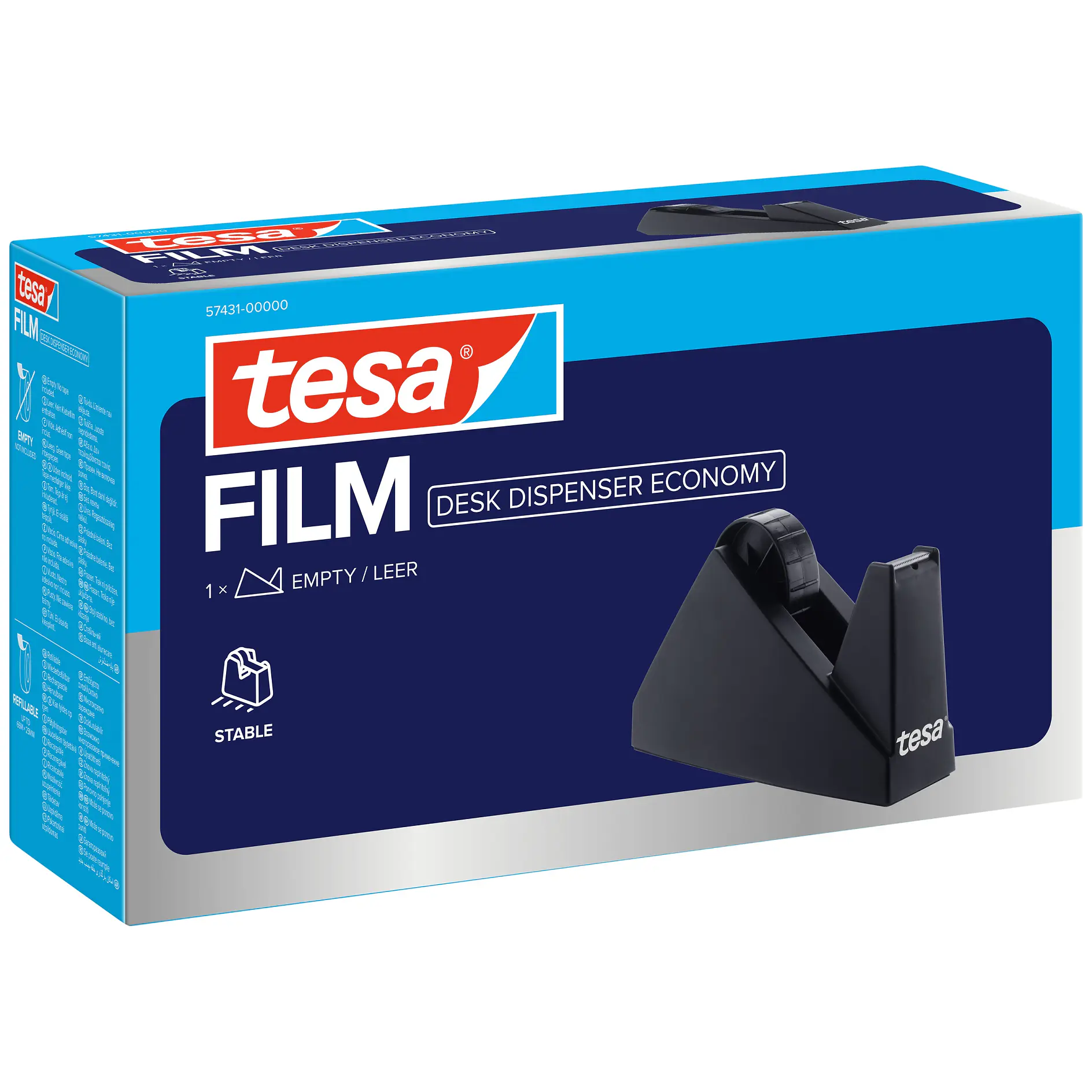 tesa film desk dispenser economy packaging box with black tape dispenser shown on front, isolated on white background (This text has been generated by AI)
