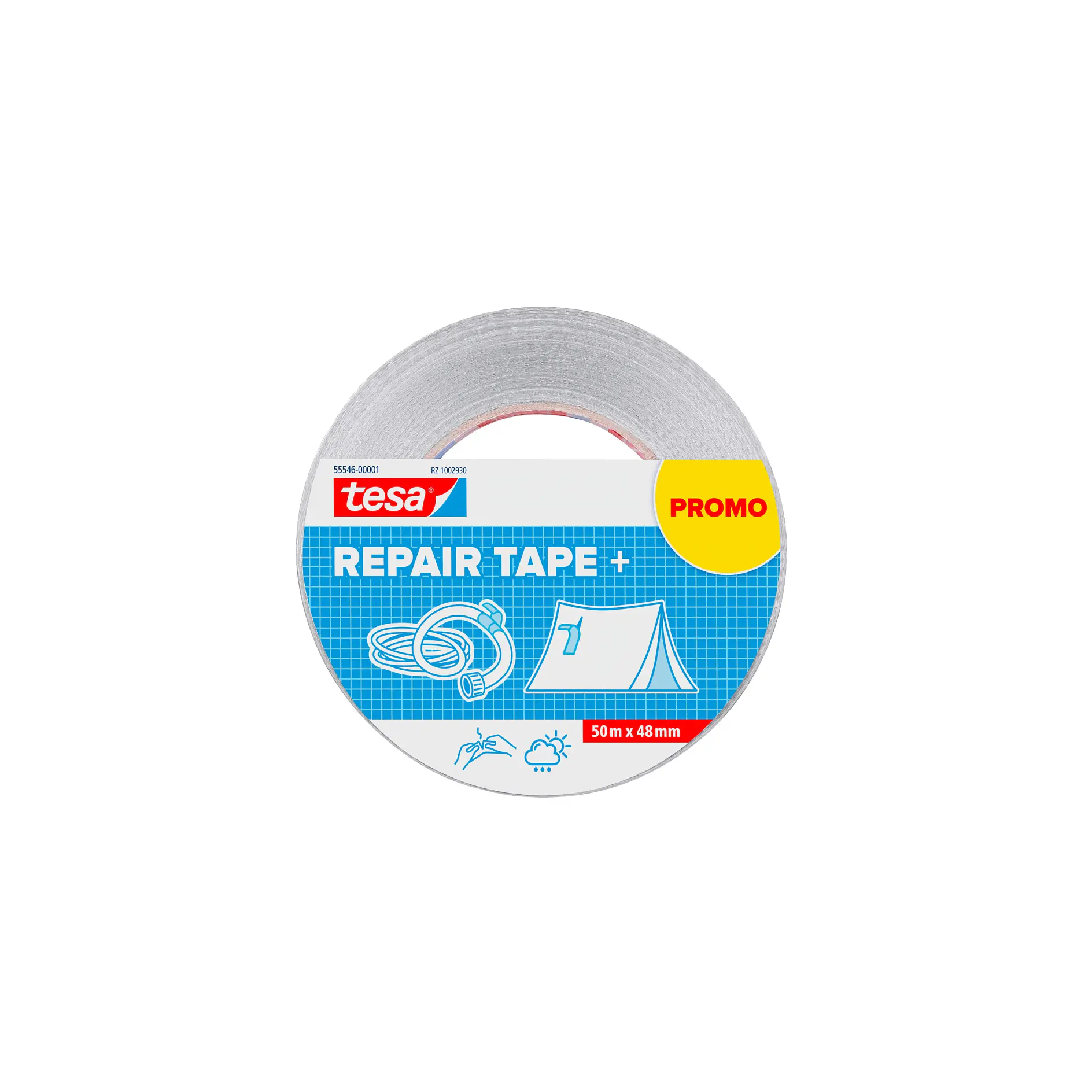 tesa repair tape roll with blue and white label, showing product use icons, placed on a white background (This text has been generated by AI)
