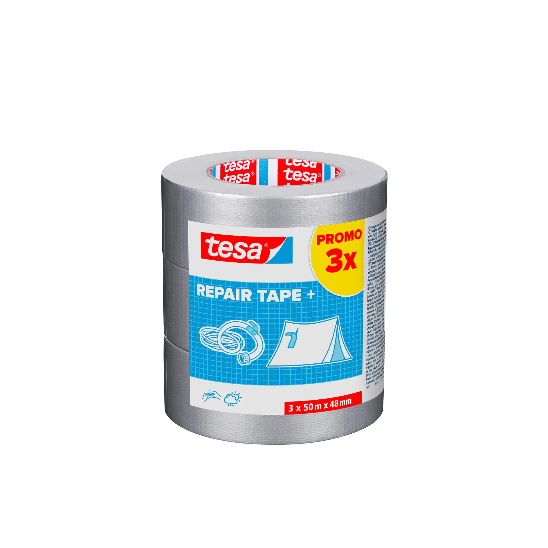 tesa repair tape roll with promo 3x label, designed for fixing tears, shown on a white background (This text has been generated by AI)