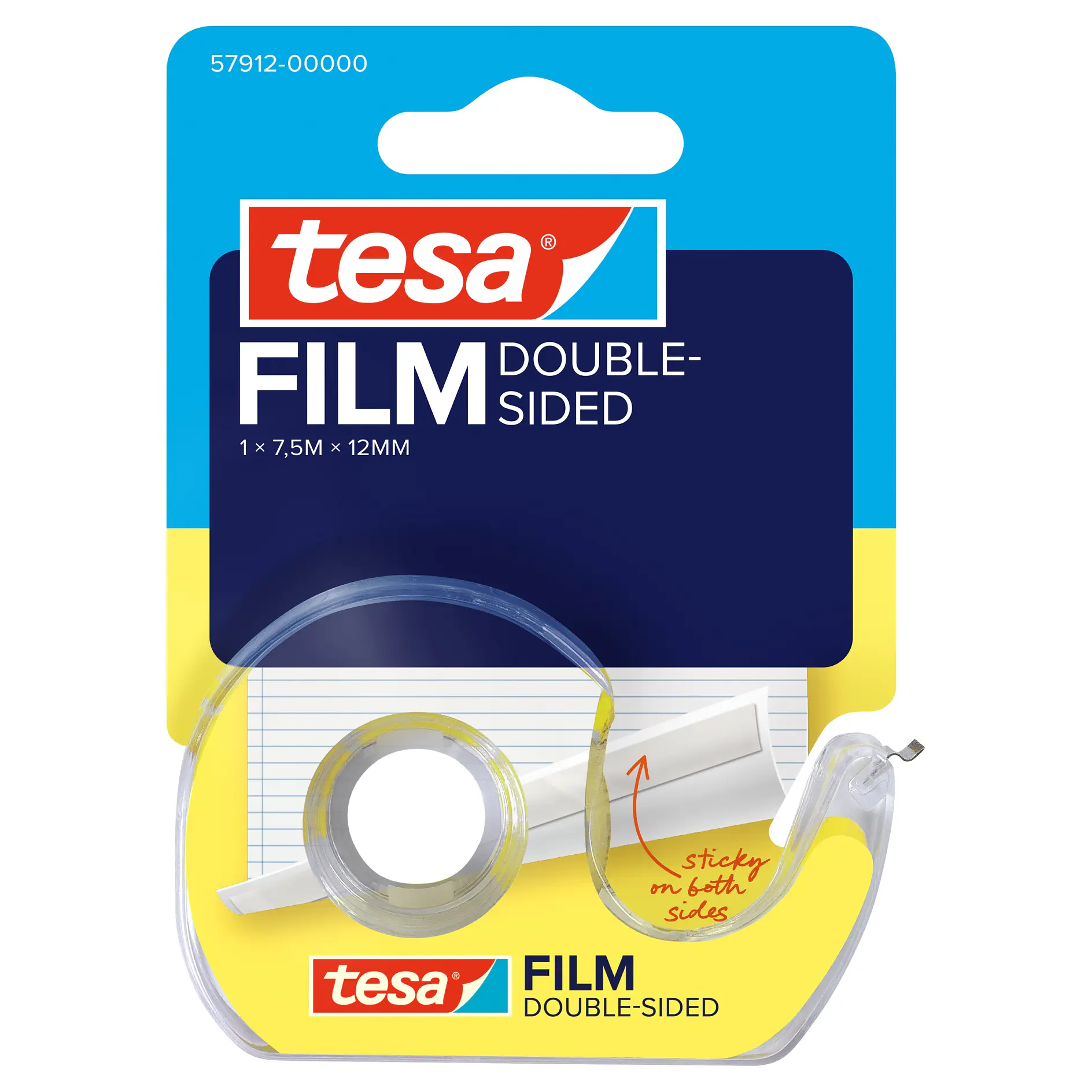 tesa double-sided film tape roll in retail packaging with blue and yellow background, showing tape partially unrolled and sticky side visible (This text has been generated by AI)