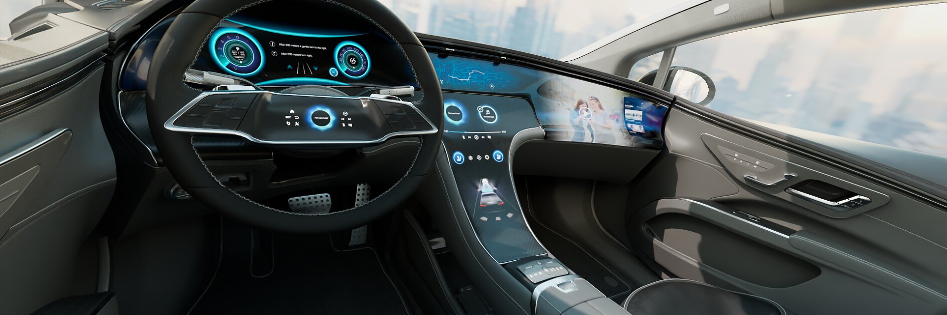 Futuristic car interior with a digital dashboard, touch screen controls, and ambient lighting. The steering wheel has sleek, modern design elements, and the display shows various digital gauges. The cockpit is spacious and light-filled.