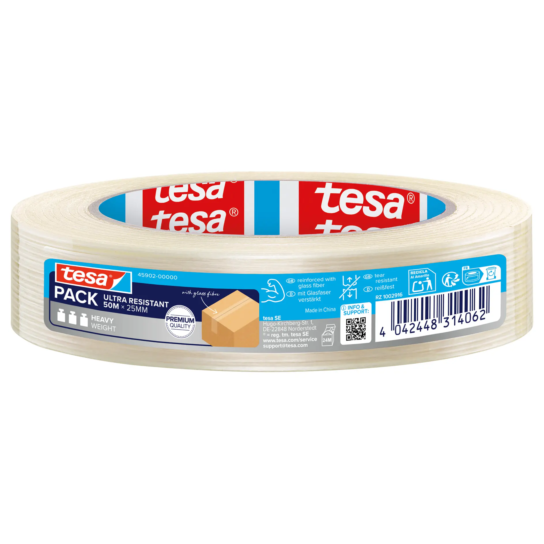 tesa packing tape roll with clear adhesive tape and branded red and white label on a white background (This text has been generated by AI)