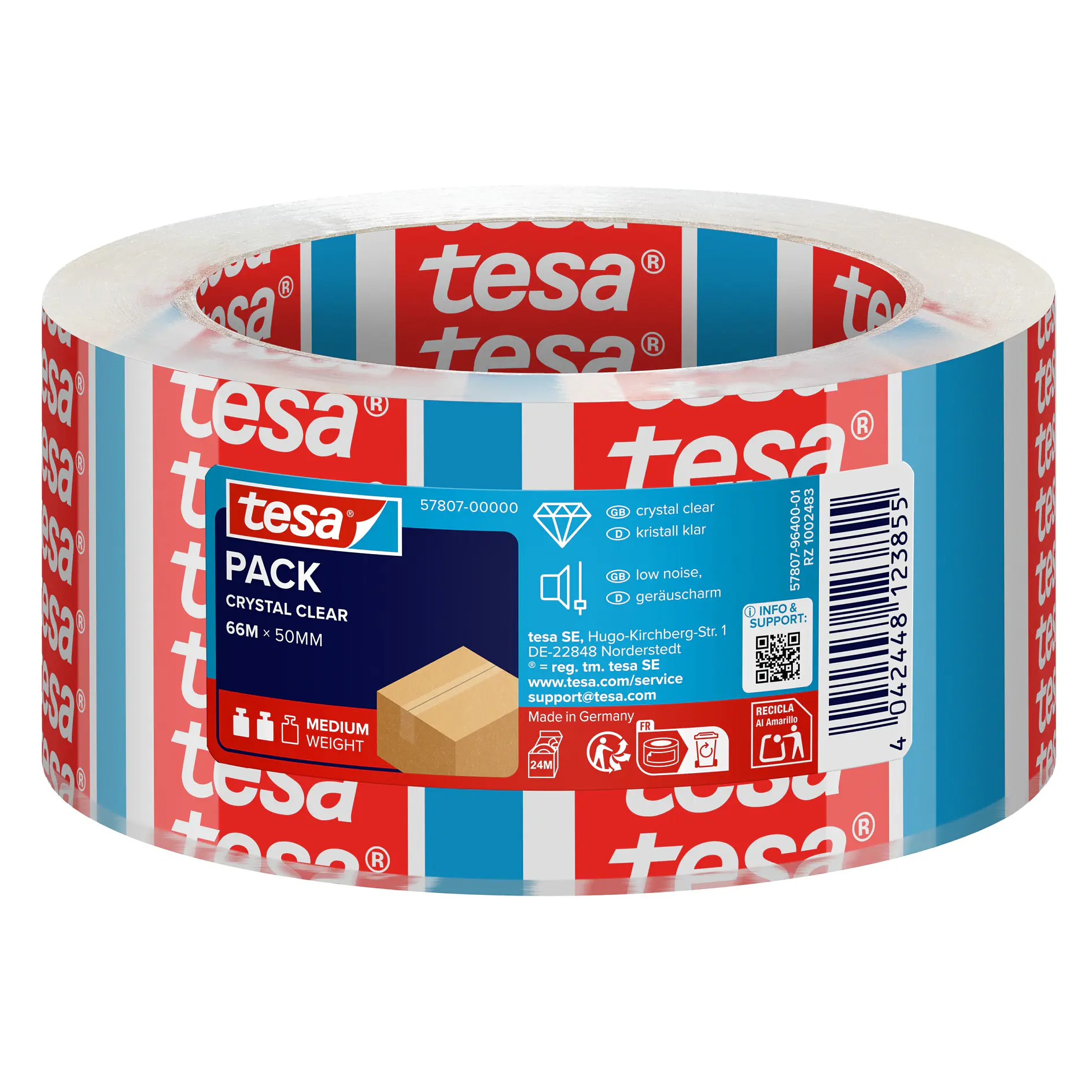 tesa clear adhesive tape roll with red and white branded packaging, shown against a white background for product display (This text has been generated by AI)
